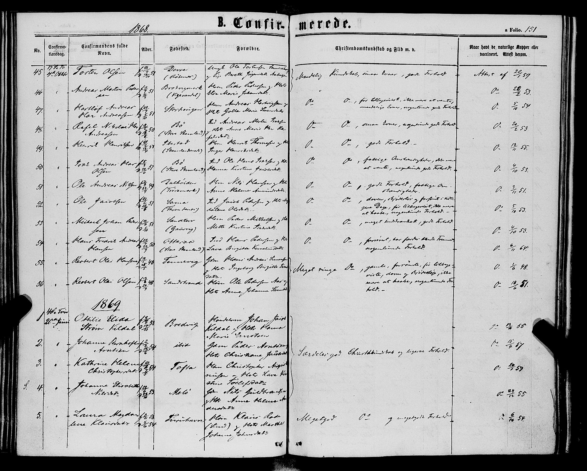 Trondenes sokneprestkontor, AV/SATØ-S-1319/H/Ha/L0012kirke: Ministerialbok nr. 12, 1863-1870, s. 151