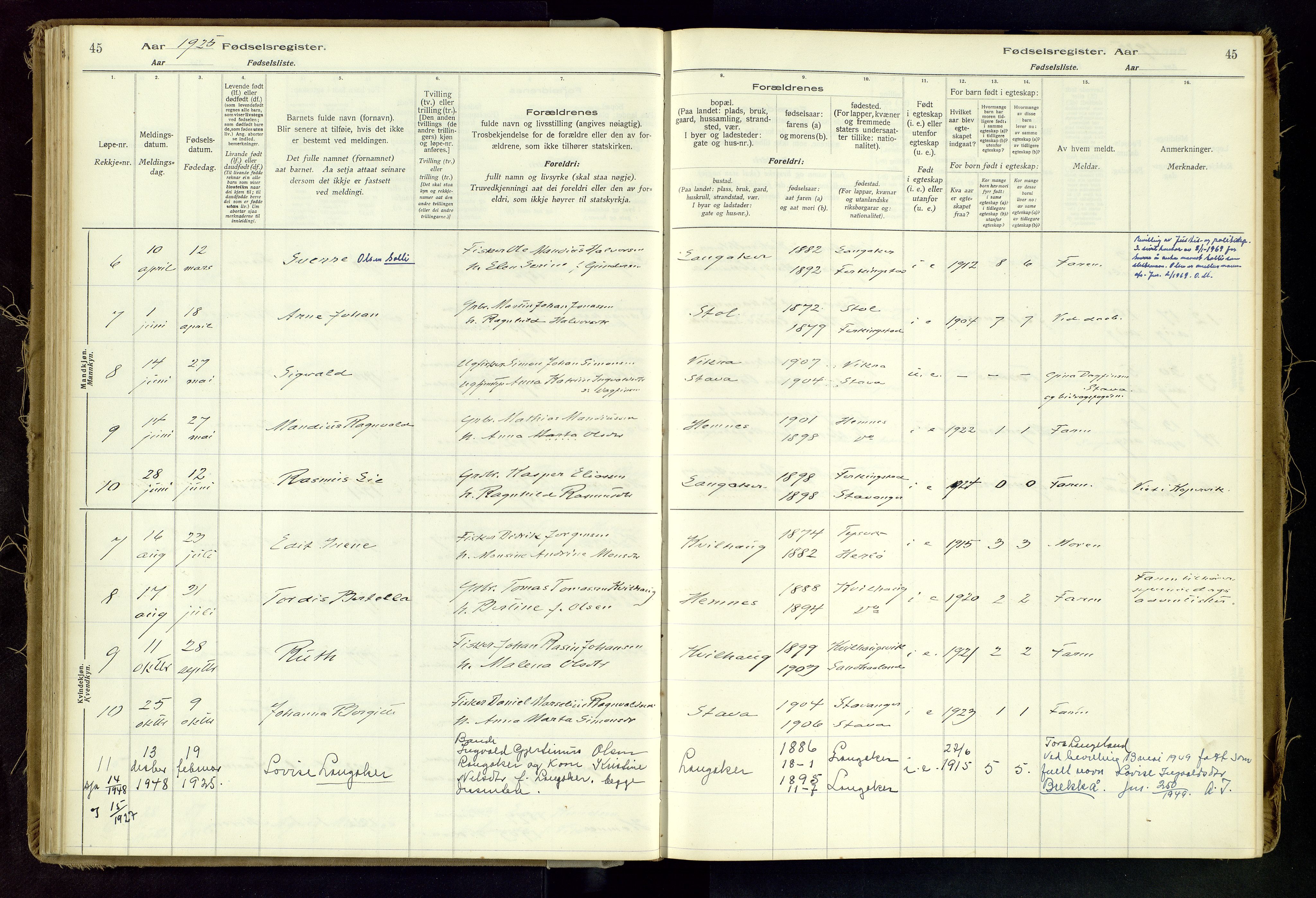 Skudenes sokneprestkontor, SAST/A -101849/I/Id/L0002: Fødselsregister nr. 2, 1916-1962, s. 45