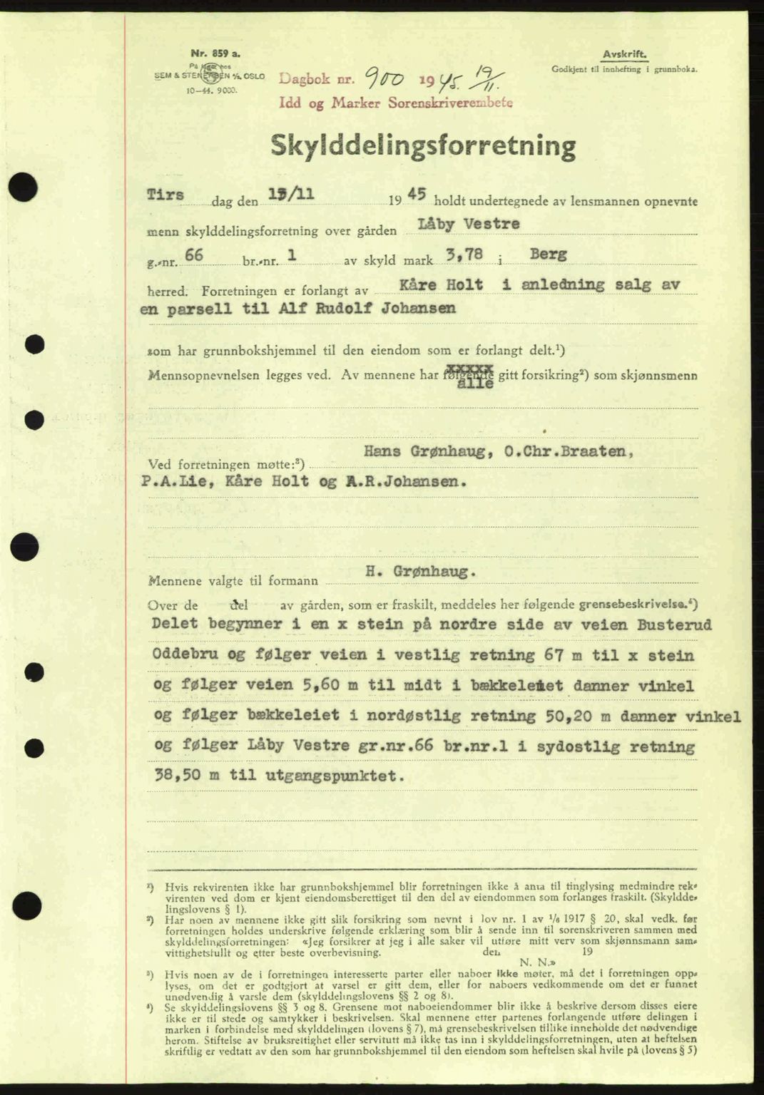 Idd og Marker sorenskriveri, AV/SAO-A-10283/G/Gb/Gbb/L0007: Pantebok nr. A7, 1944-1945, Dagboknr: 900/1945