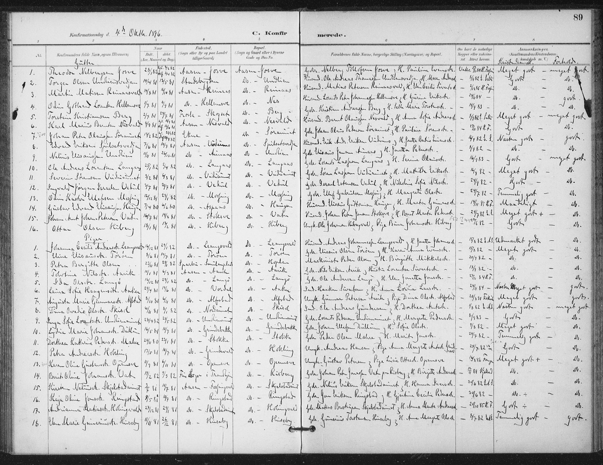 Ministerialprotokoller, klokkerbøker og fødselsregistre - Nord-Trøndelag, AV/SAT-A-1458/714/L0131: Ministerialbok nr. 714A02, 1896-1918, s. 89