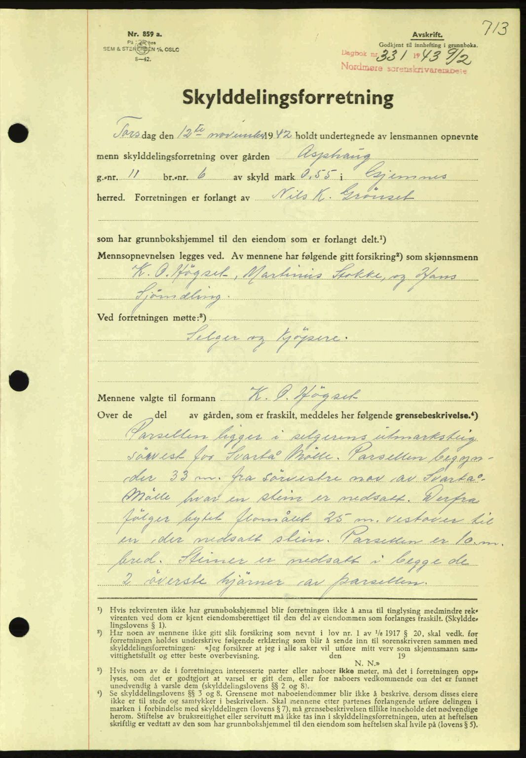 Nordmøre sorenskriveri, AV/SAT-A-4132/1/2/2Ca: Pantebok nr. A94, 1942-1943, Dagboknr: 331/1943