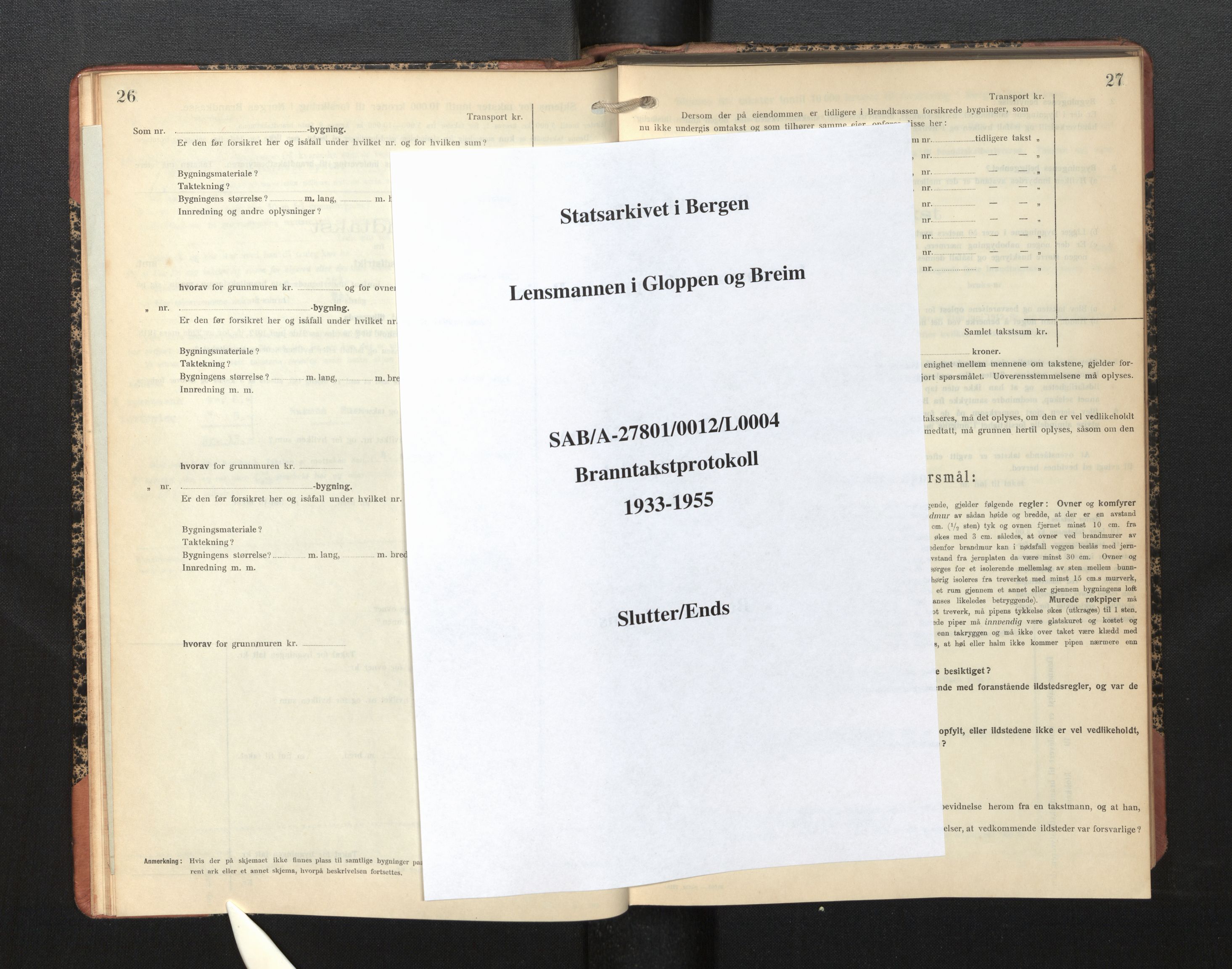 Lensmannen i Gloppen og Breim, SAB/A-27801/0012/L0004: Branntakstprotokoll, skjematakst, 1933-1955, s. 26-27