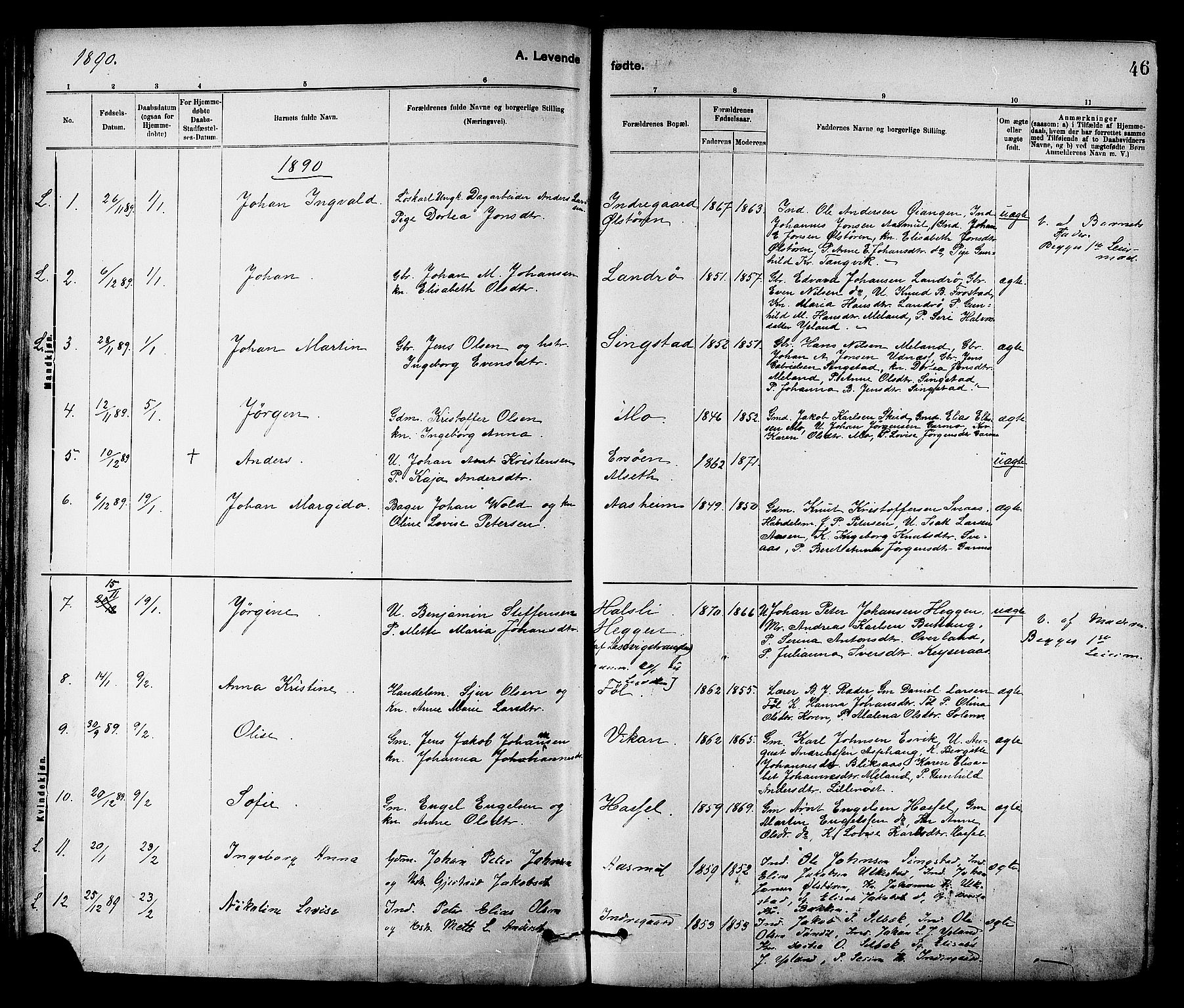 Ministerialprotokoller, klokkerbøker og fødselsregistre - Sør-Trøndelag, AV/SAT-A-1456/647/L0634: Ministerialbok nr. 647A01, 1885-1896, s. 46