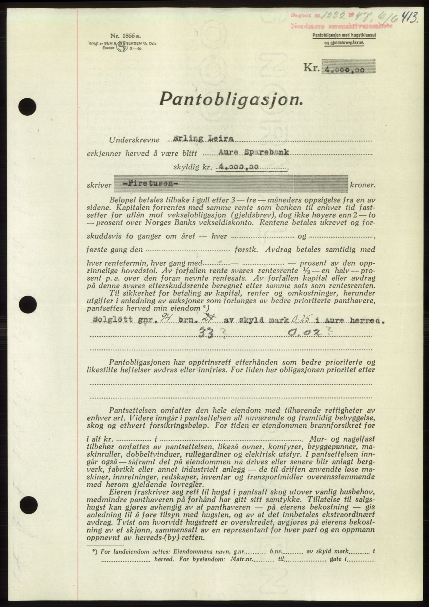 Nordmøre sorenskriveri, SAT/A-4132/1/2/2Ca: Pantebok nr. B96, 1947-1947, Dagboknr: 1232/1947