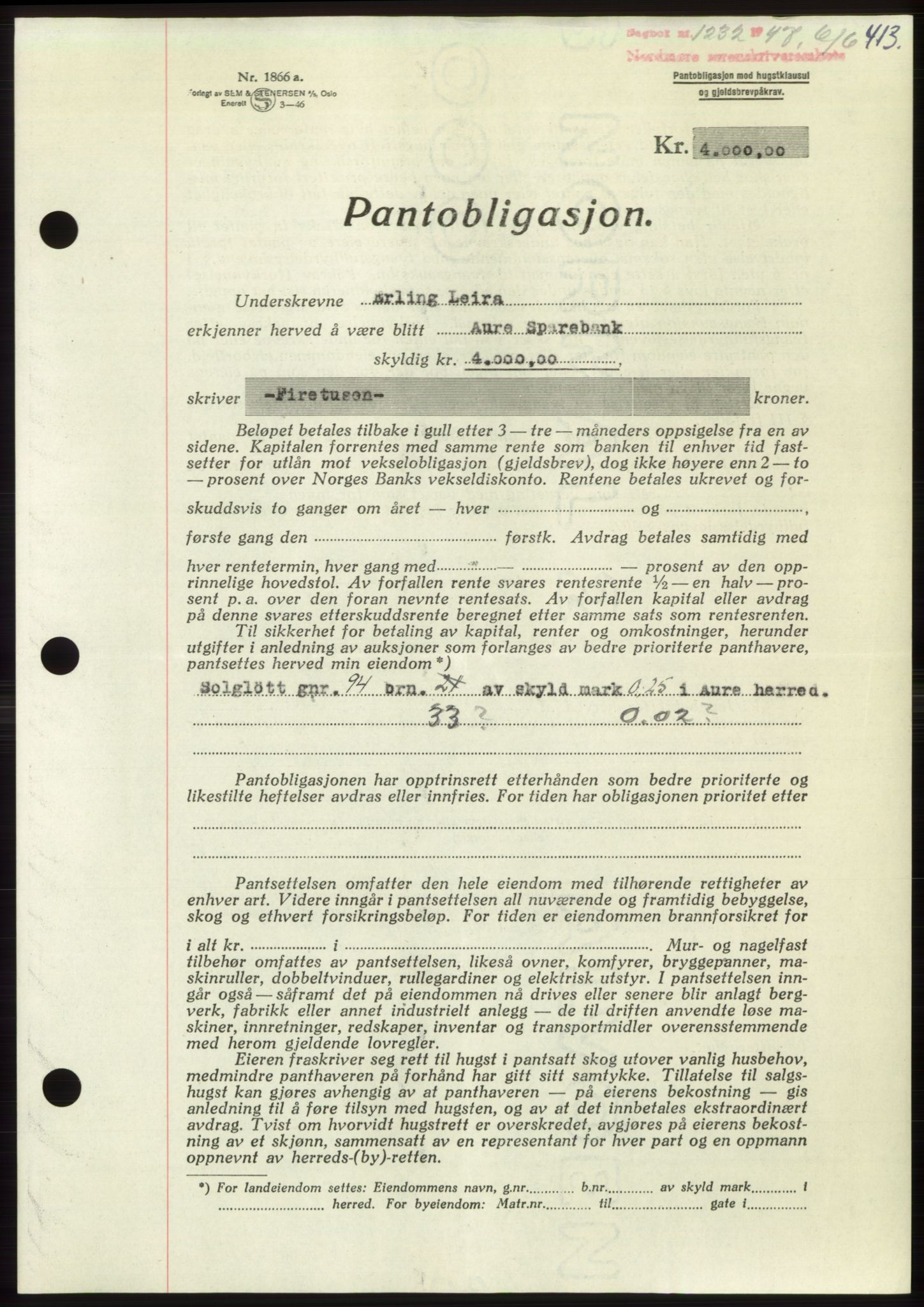 Nordmøre sorenskriveri, AV/SAT-A-4132/1/2/2Ca: Pantebok nr. B96, 1947-1947, Dagboknr: 1232/1947