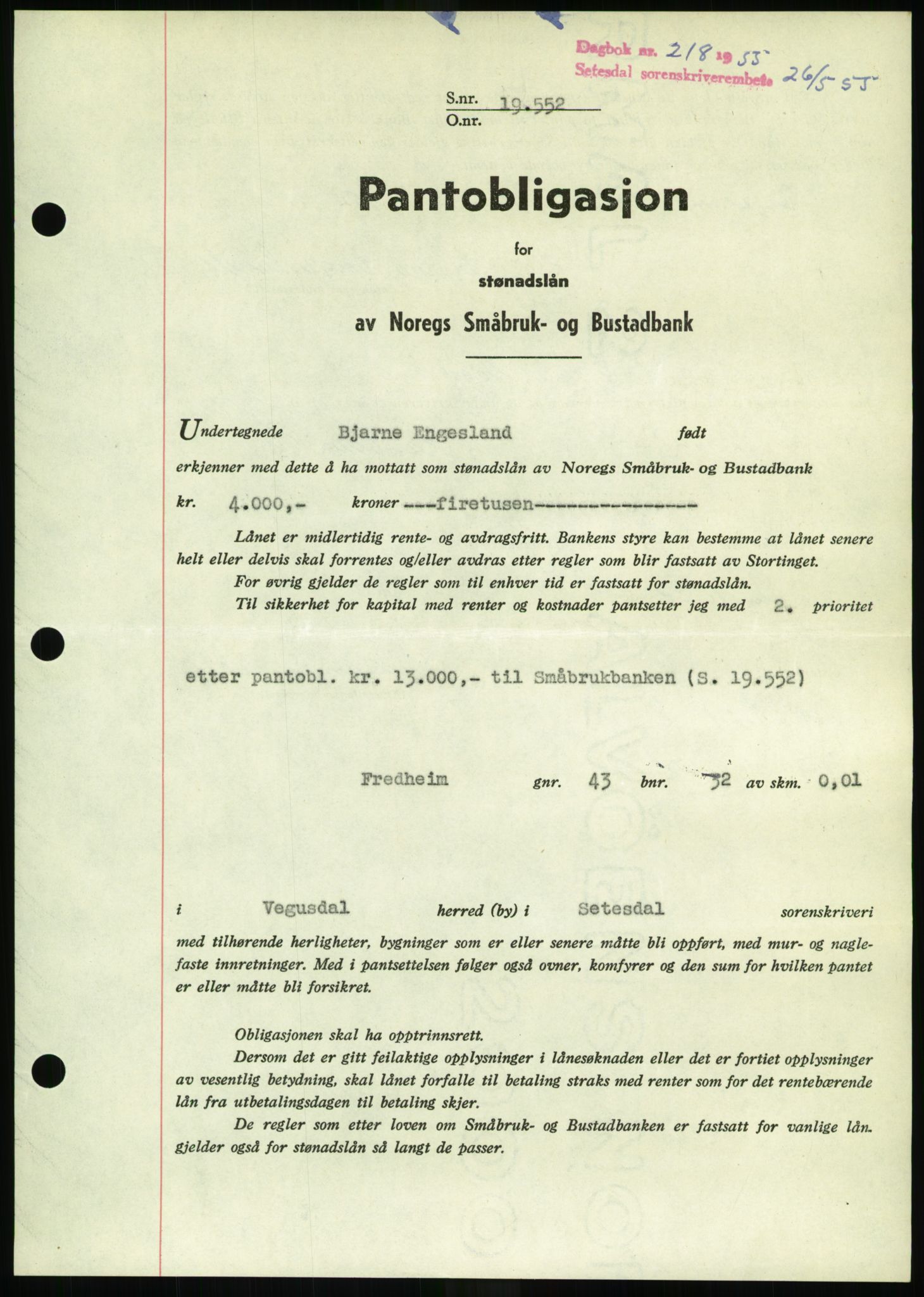 Setesdal sorenskriveri, SAK/1221-0011/G/Gb/L0052: Pantebok nr. B 40, 1954-1955, Dagboknr: 218/1955