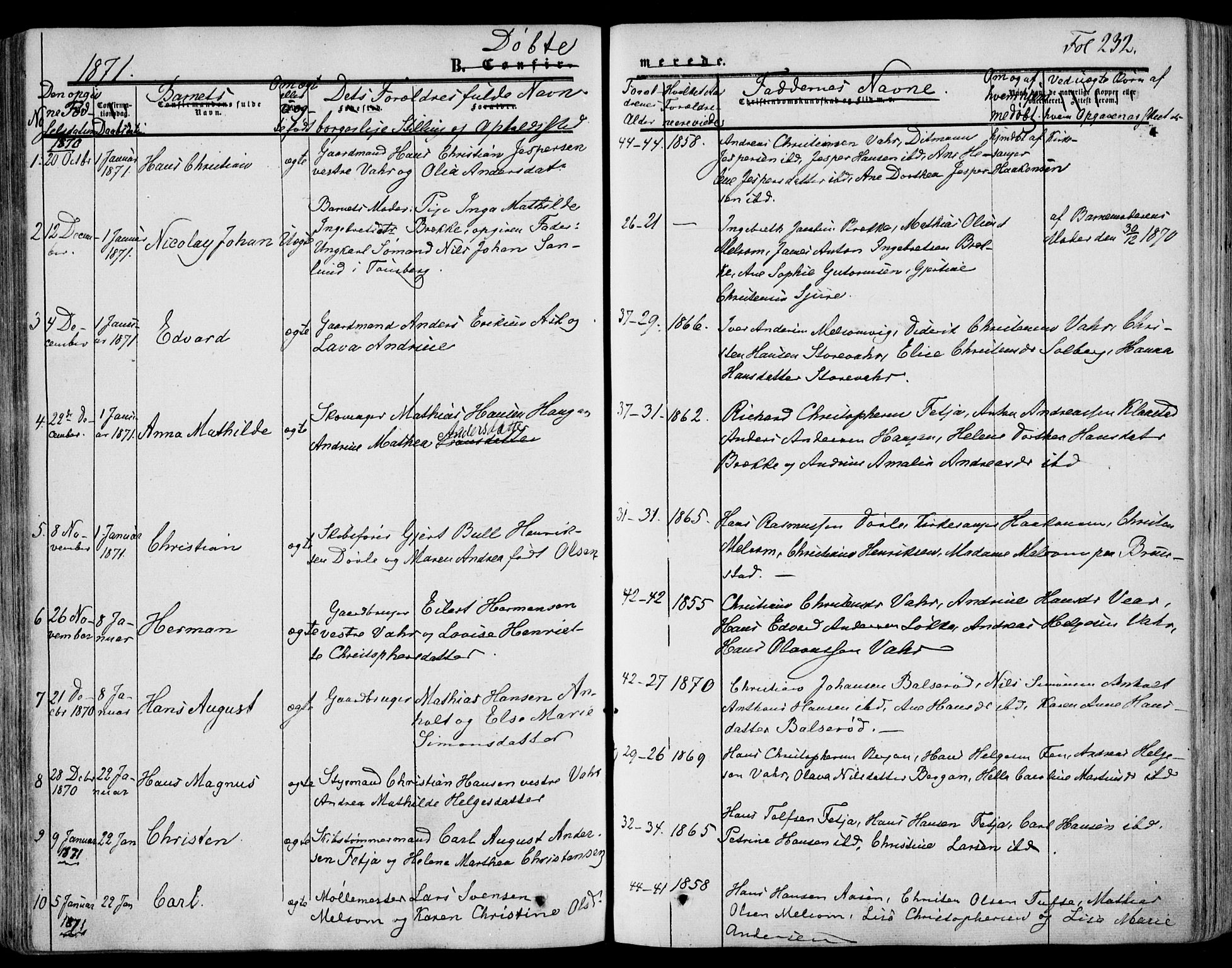 Stokke kirkebøker, AV/SAKO-A-320/F/Fa/L0008: Ministerialbok nr. I 8, 1858-1871, s. 232