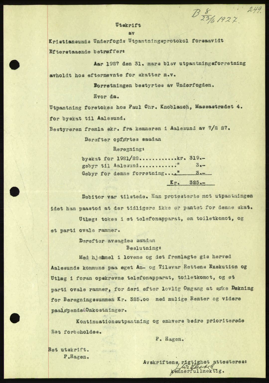 Kristiansund byfogd, AV/SAT-A-4587/A/27: Pantebok nr. 21, 1926-1928, Tingl.dato: 23.06.1927