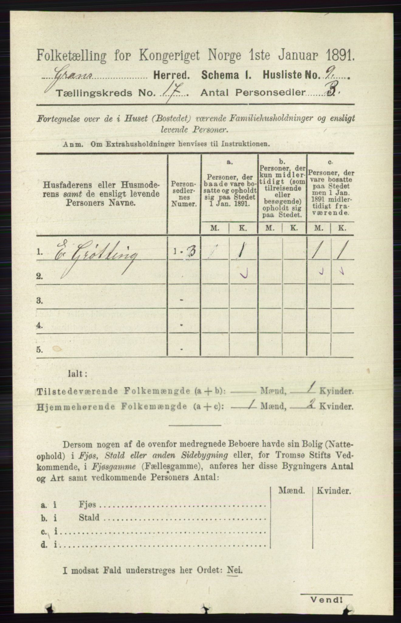 RA, Folketelling 1891 for 0534 Gran herred, 1891, s. 8611