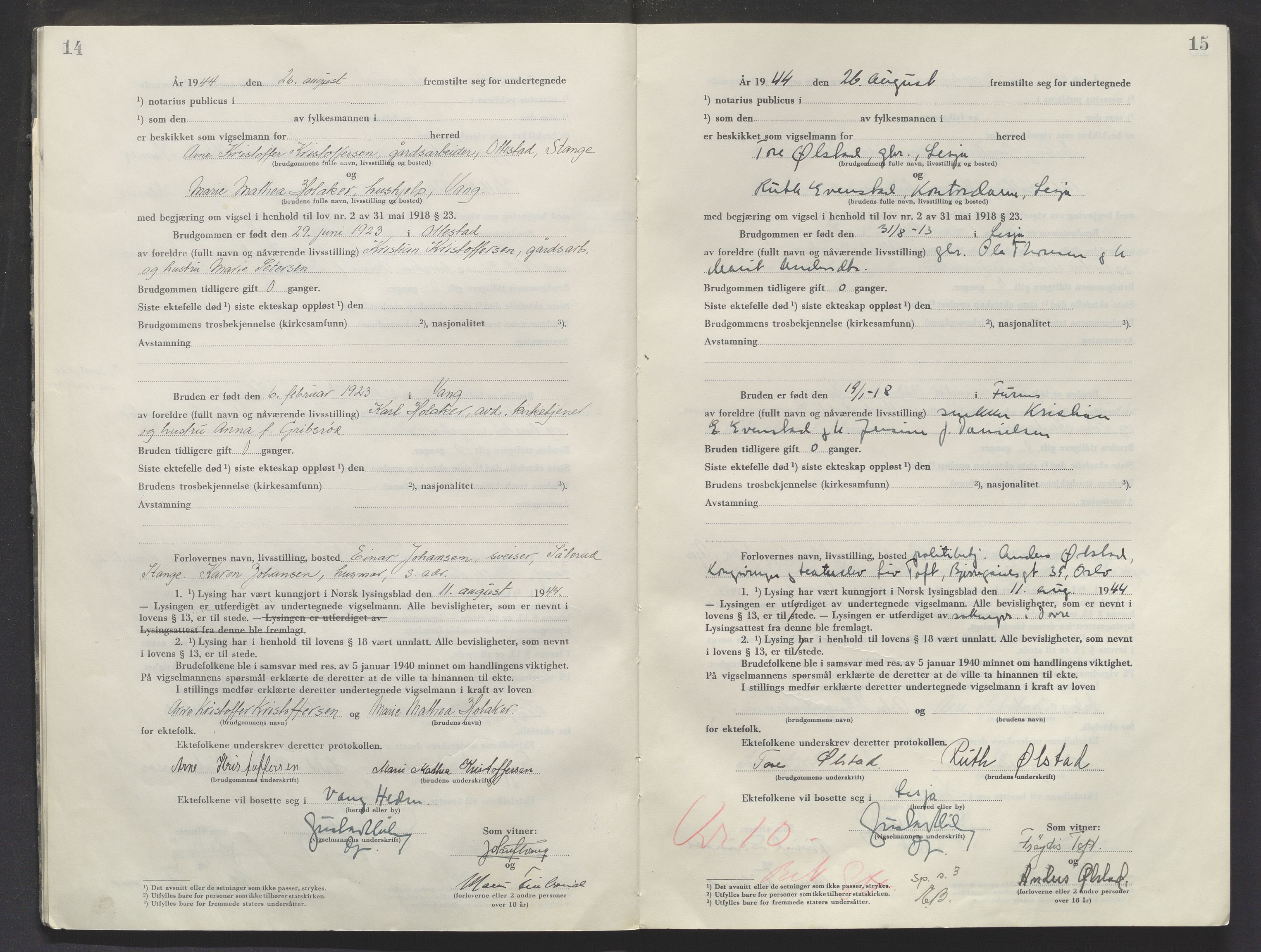 Sør-Hedmark sorenskriveri, AV/SAH-TING-014/L/Le/L0002/0001: Vigselsbøker / Vigselbok, 1944-1945, s. 14-15