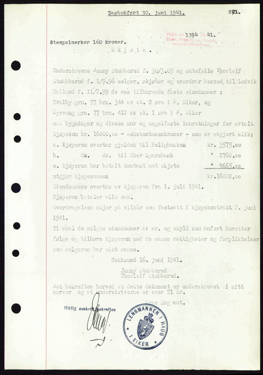 Eiker, Modum og Sigdal sorenskriveri, SAKO/A-123/G/Ga/Gab/L0043: Pantebok nr. A13, 1940-1941, Dagboknr: 1394/1941