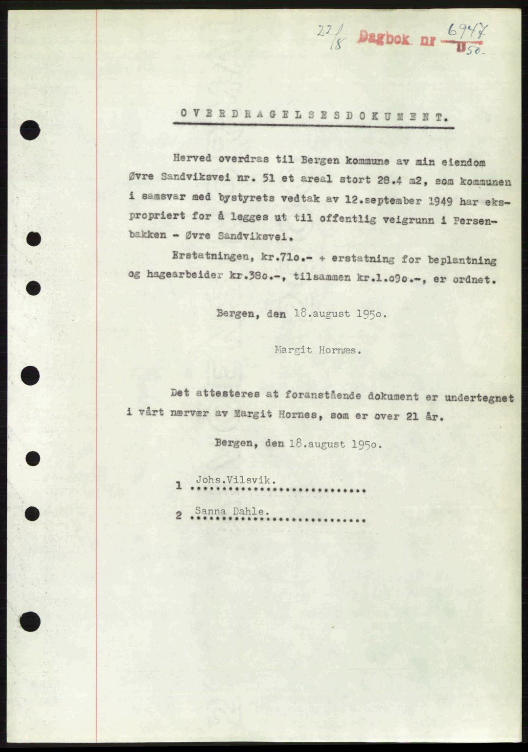 Byfogd og Byskriver i Bergen, AV/SAB-A-3401/03/03Bc/L0033: Pantebok nr. A26-27, 1950-1950, Dagboknr: 6947/1950