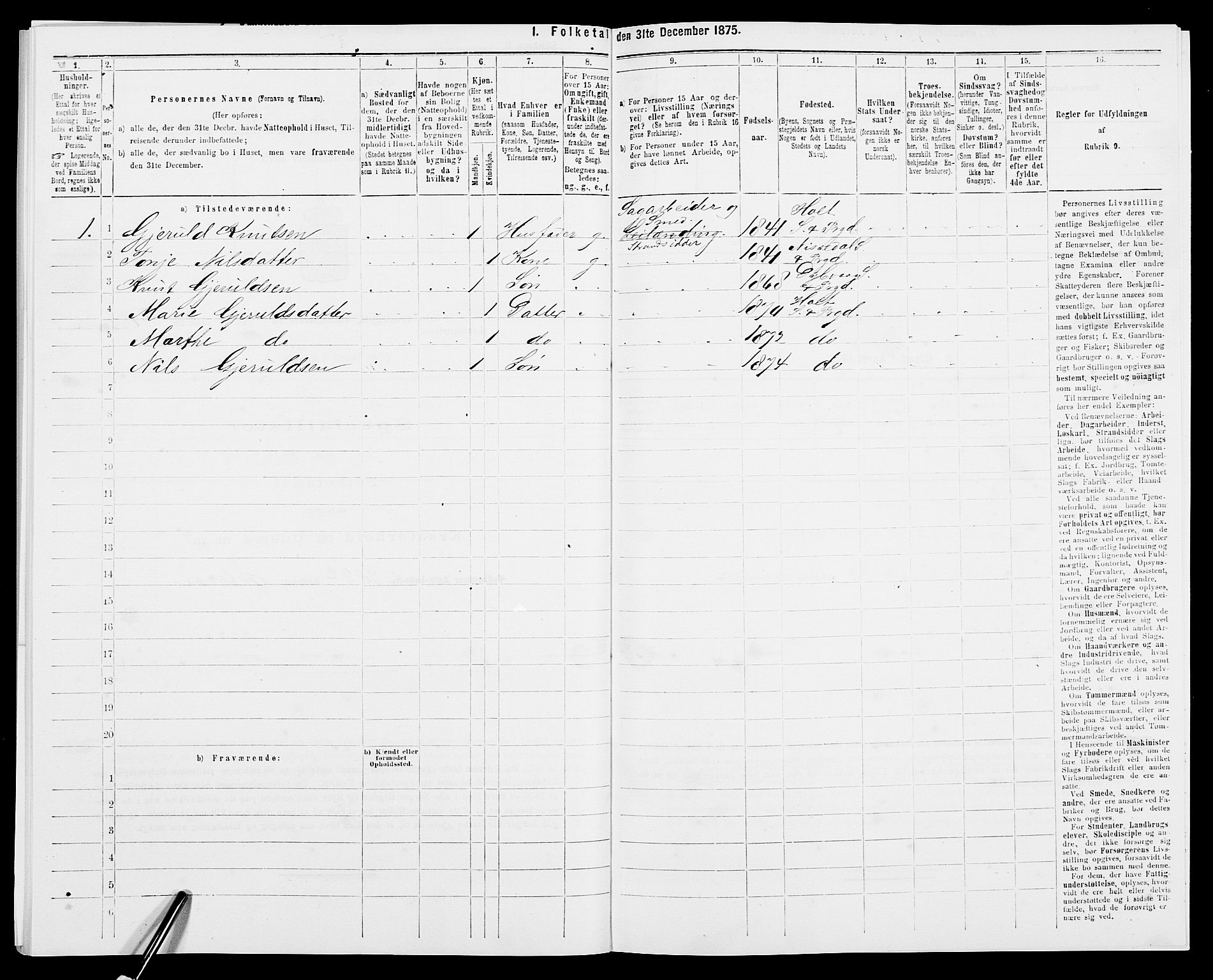 SAK, Folketelling 1875 for 0914L Holt prestegjeld, Holt sokn, 1875, s. 1037