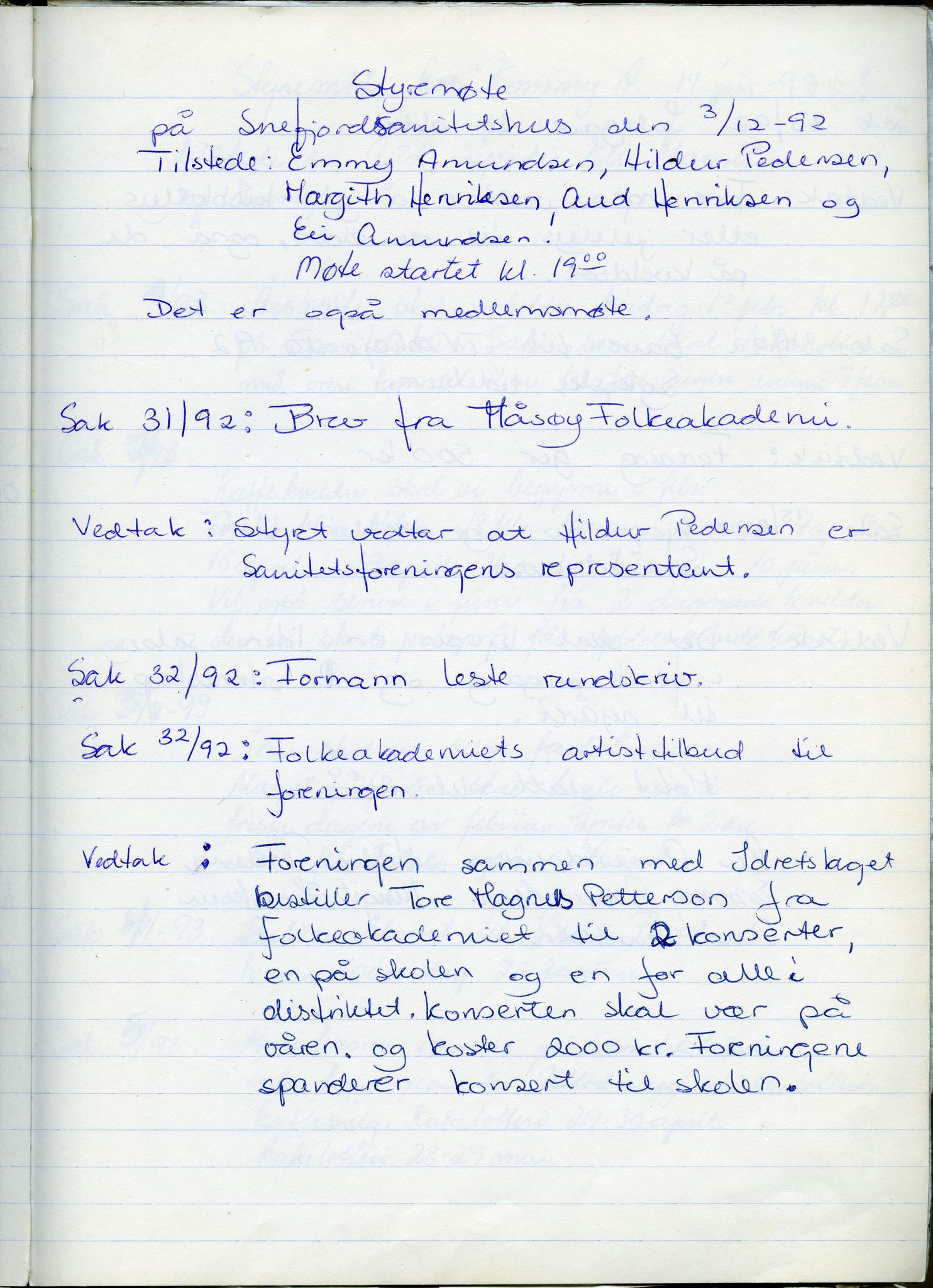 Snefjord Sanitetsforening, FMFB/A-1224/A/L0003: Styremøteprotokoll 1992-2002, 1992-2002