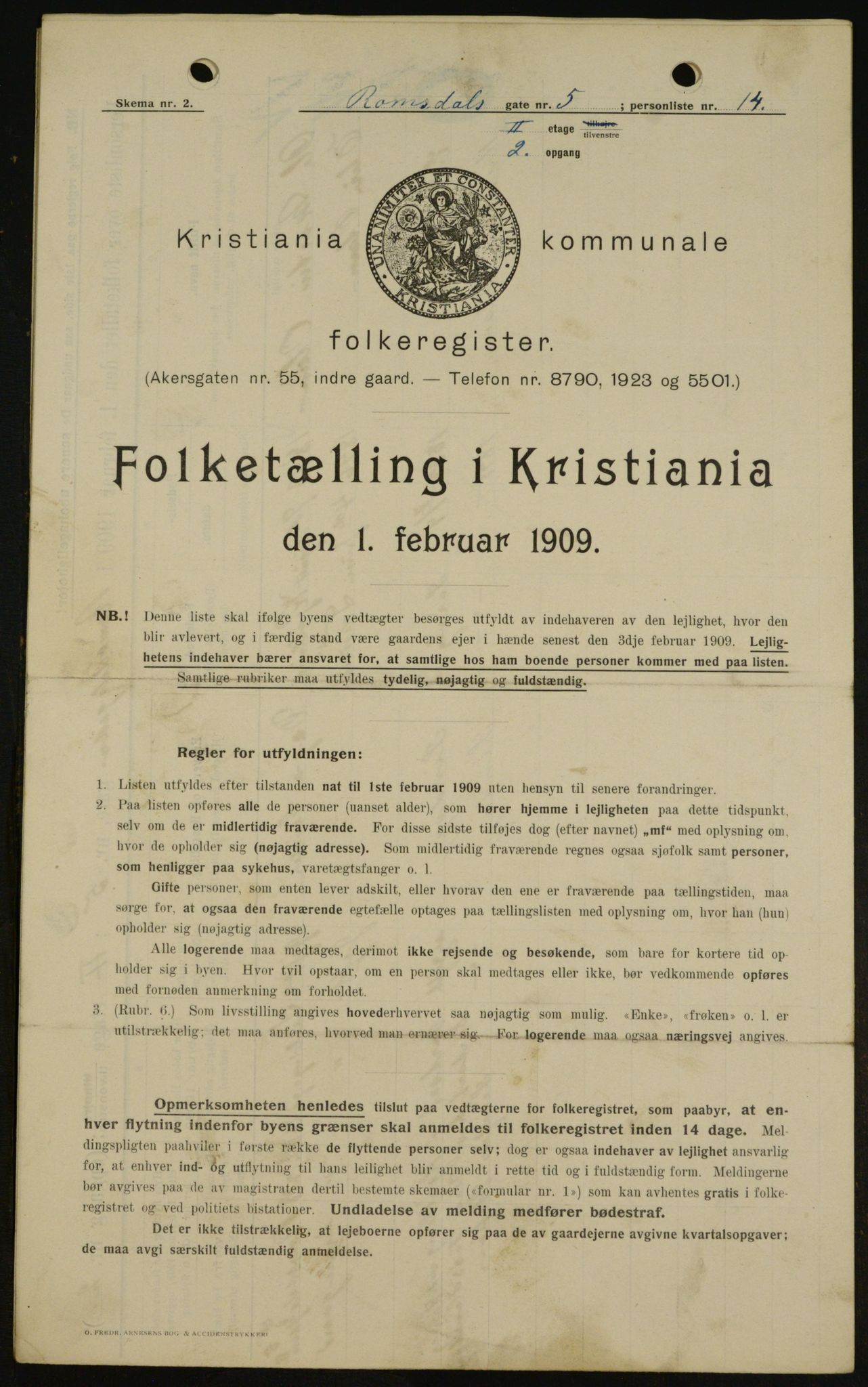 OBA, Kommunal folketelling 1.2.1909 for Kristiania kjøpstad, 1909, s. 75455
