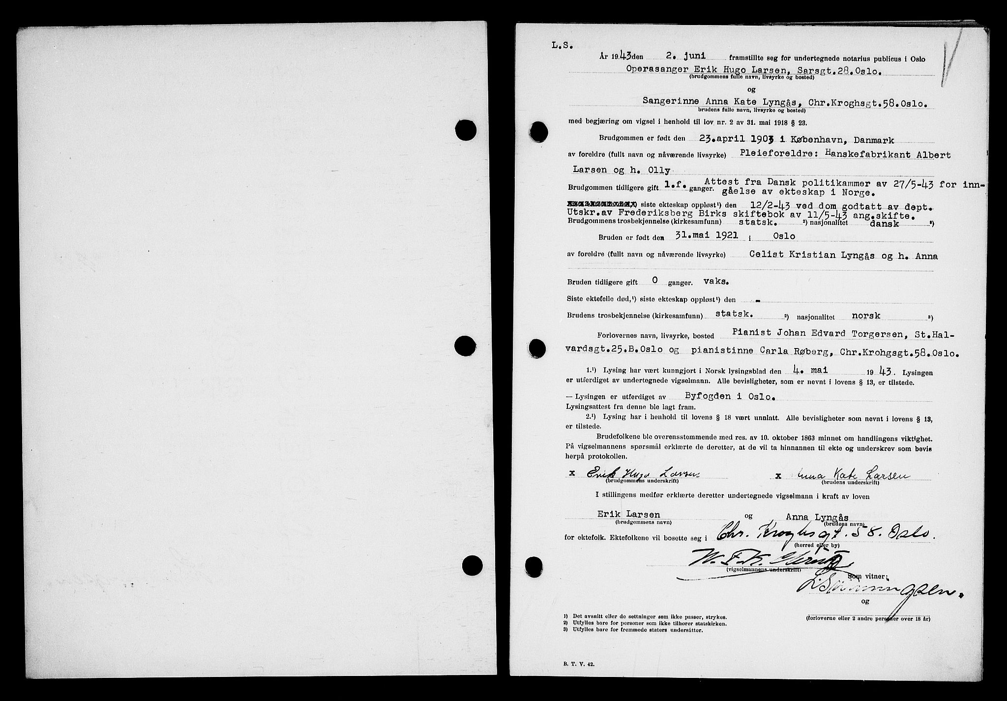 Oslo byfogd avd. I, SAO/A-10220/L/Lb/Lbb/L0045: Notarialprotokoll, rekke II: Vigsler, 1943