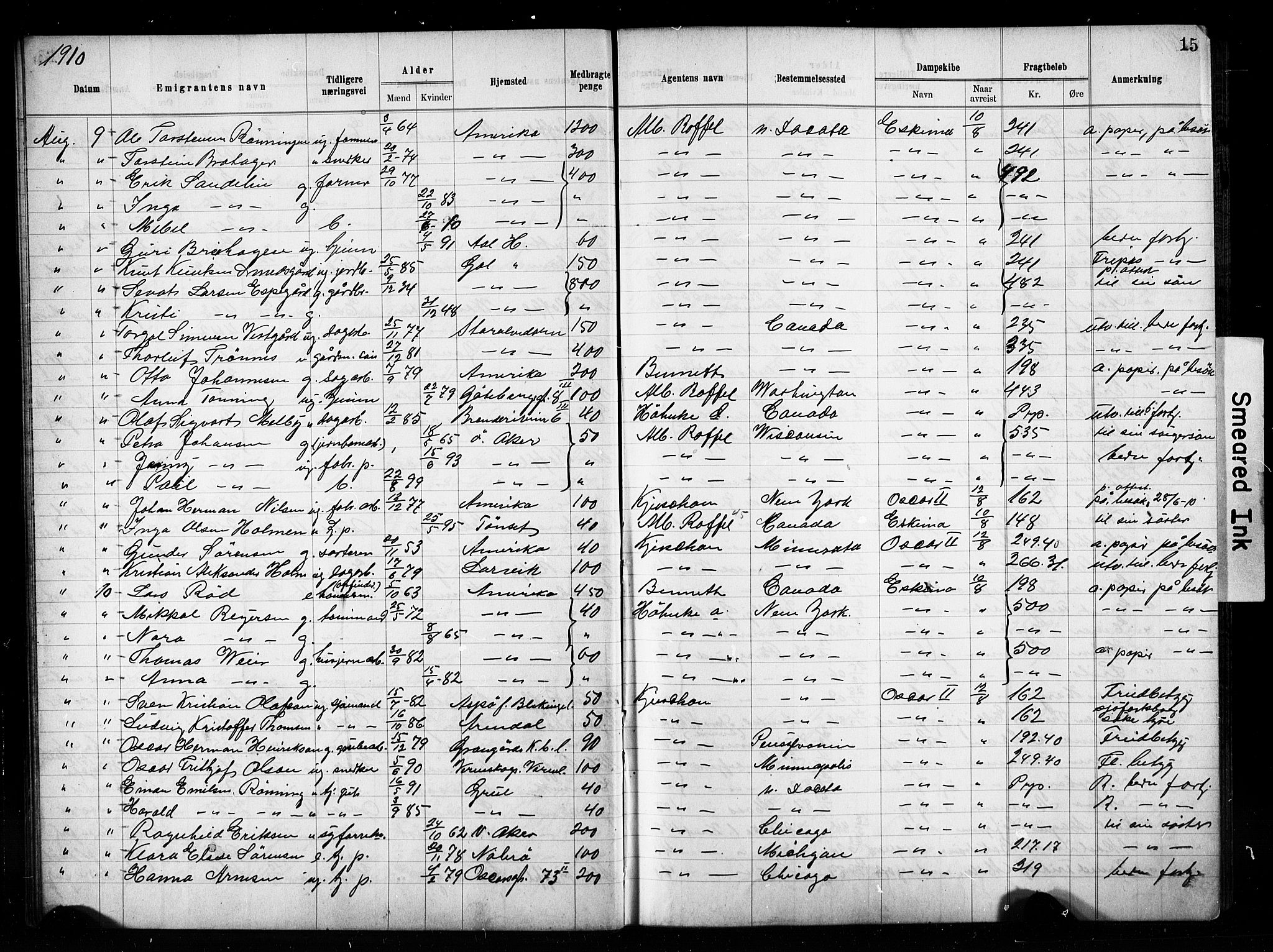 Oslo politidistrikt, AV/SAO-A-10085/E/Ee/Eef/L0029: Emigrantprotokoll, 1910-1913, s. 15