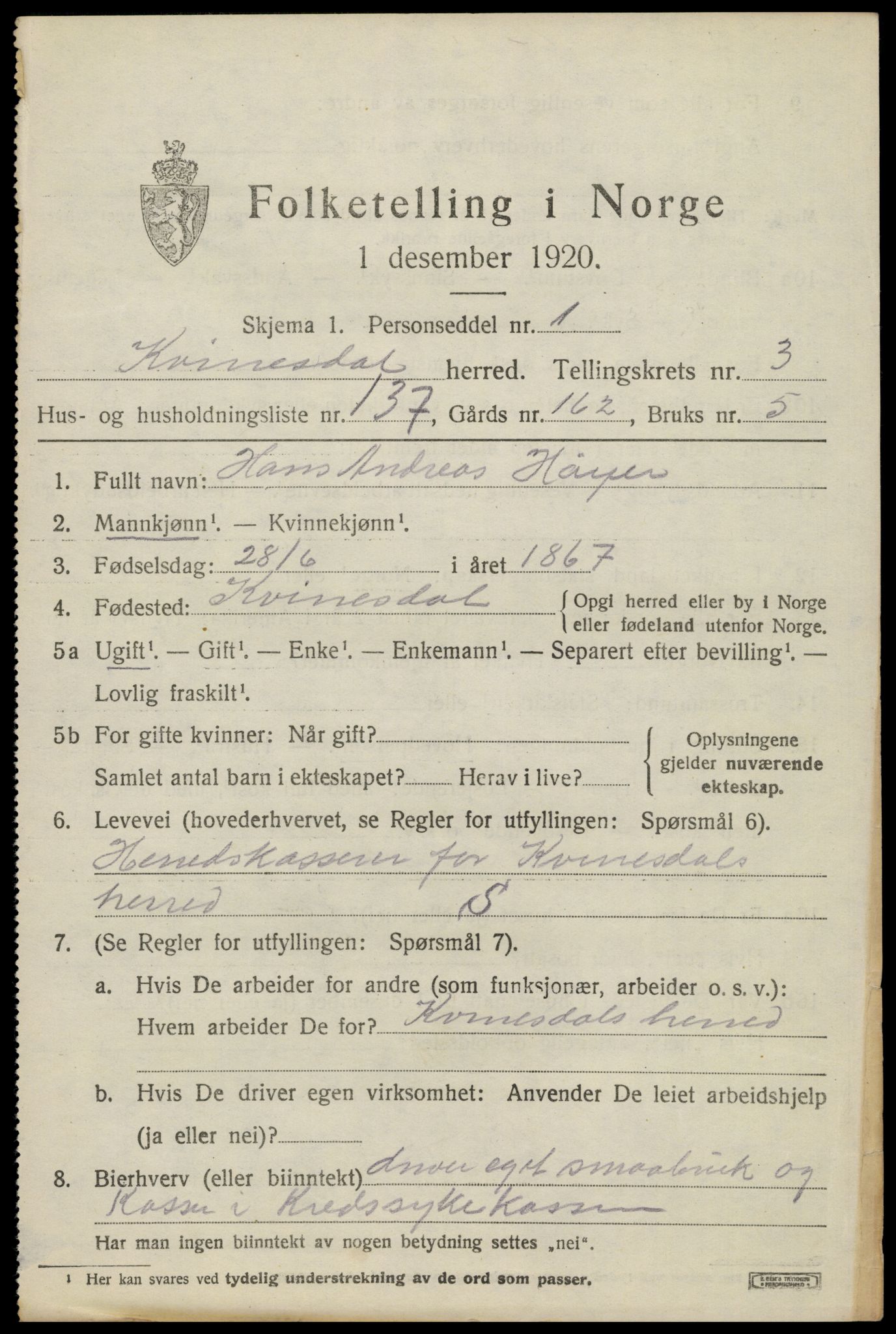 SAK, Folketelling 1920 for 1037 Kvinesdal herred, 1920, s. 4469