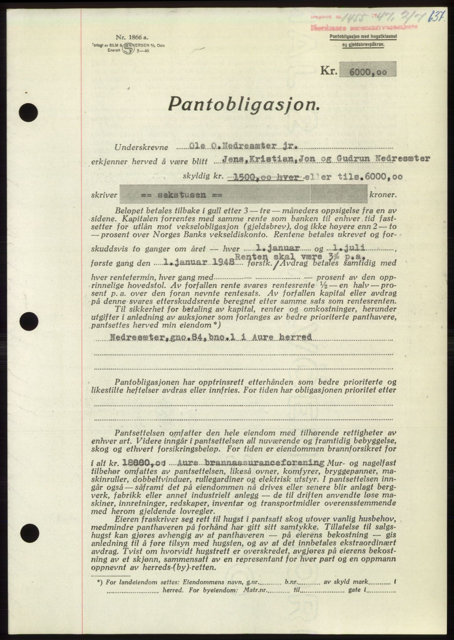 Nordmøre sorenskriveri, SAT/A-4132/1/2/2Ca: Pantebok nr. B96, 1947-1947, Dagboknr: 1455/1947