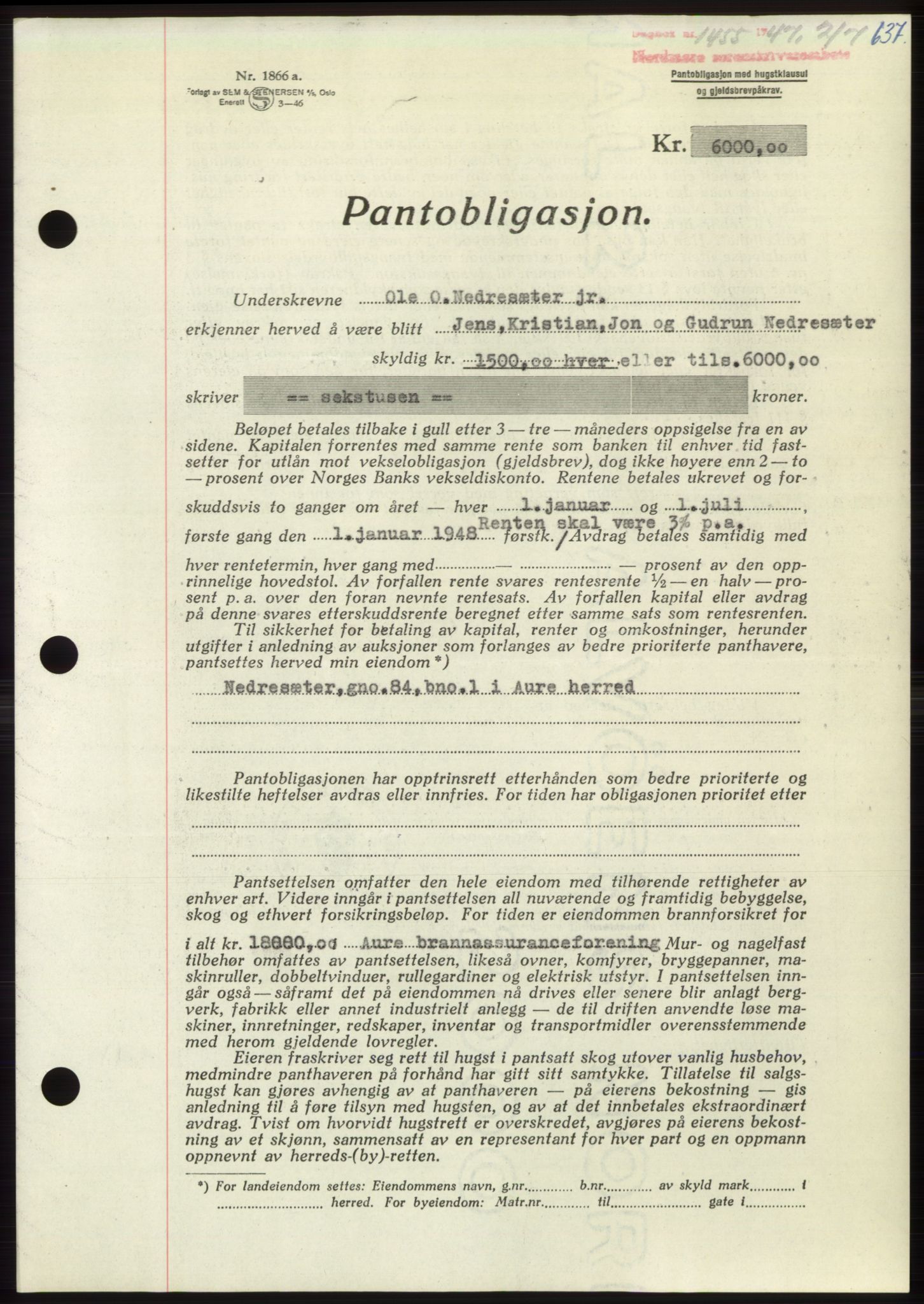 Nordmøre sorenskriveri, AV/SAT-A-4132/1/2/2Ca: Pantebok nr. B96, 1947-1947, Dagboknr: 1455/1947