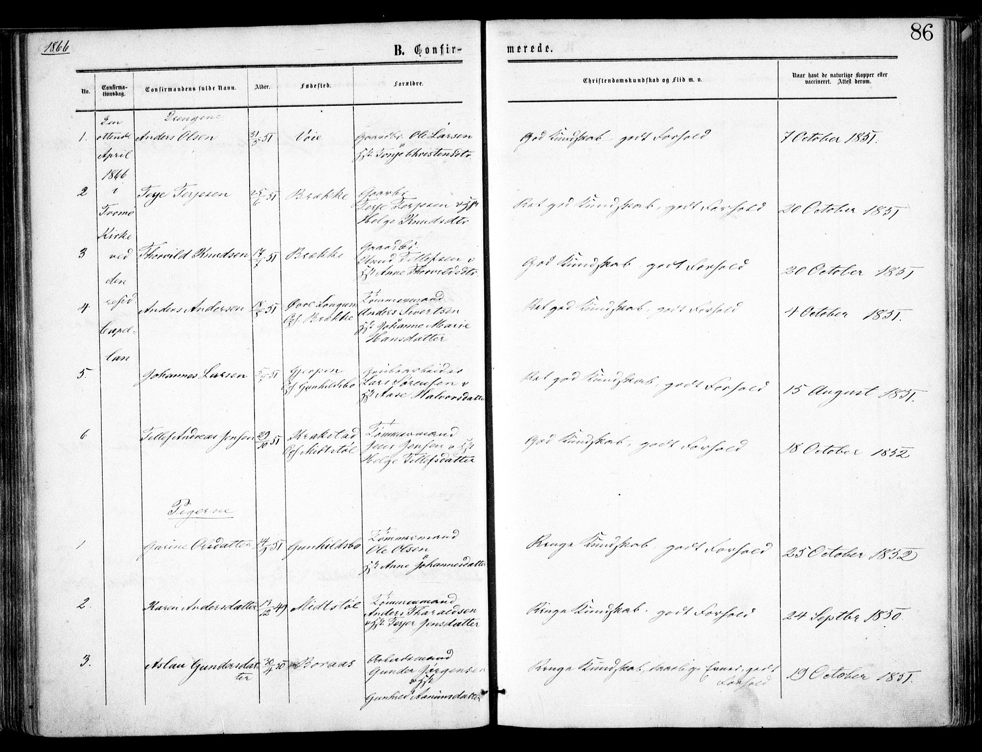 Austre Moland sokneprestkontor, SAK/1111-0001/F/Fa/Faa/L0008: Ministerialbok nr. A 8, 1858-1868, s. 86