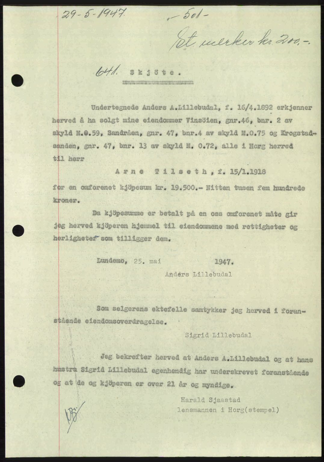 Gauldal sorenskriveri, SAT/A-0014/1/2/2C: Pantebok nr. A3, 1947-1947, Dagboknr: 641/1947