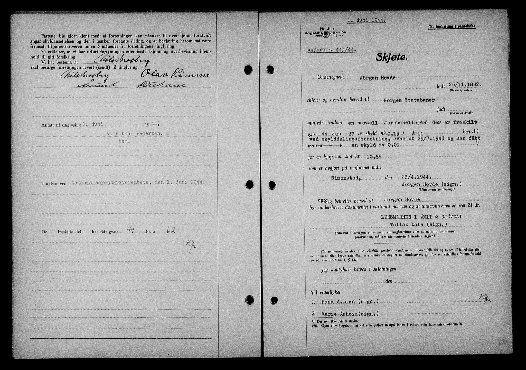Nedenes sorenskriveri, AV/SAK-1221-0006/G/Gb/Gba/L0051: Pantebok nr. A-V, 1943-1944, Dagboknr: 443/1944