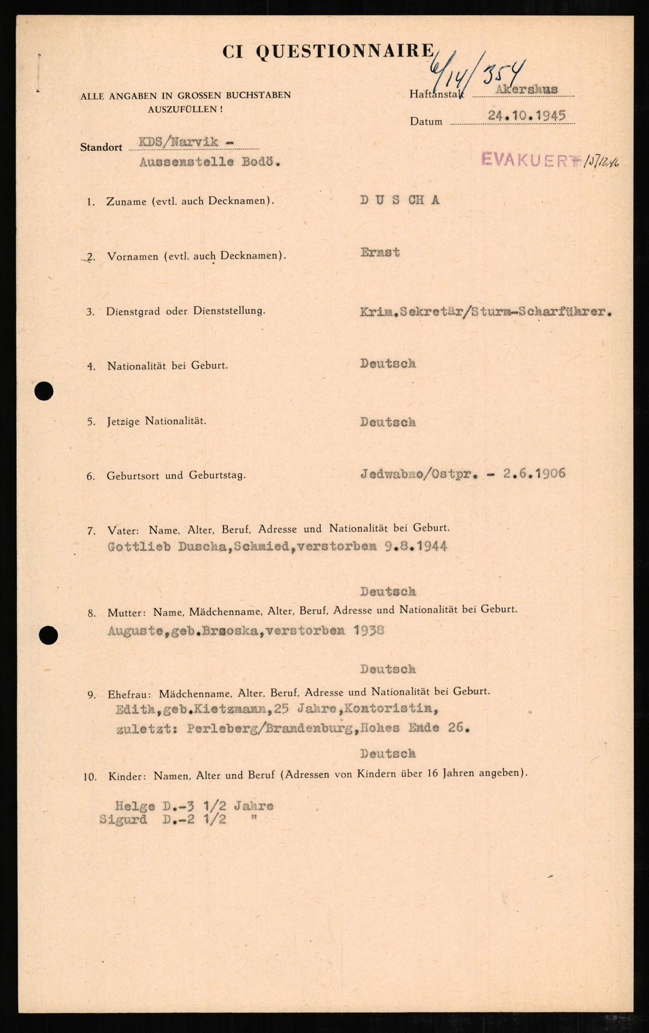 Forsvaret, Forsvarets overkommando II, AV/RA-RAFA-3915/D/Db/L0006: CI Questionaires. Tyske okkupasjonsstyrker i Norge. Tyskere., 1945-1946, s. 297