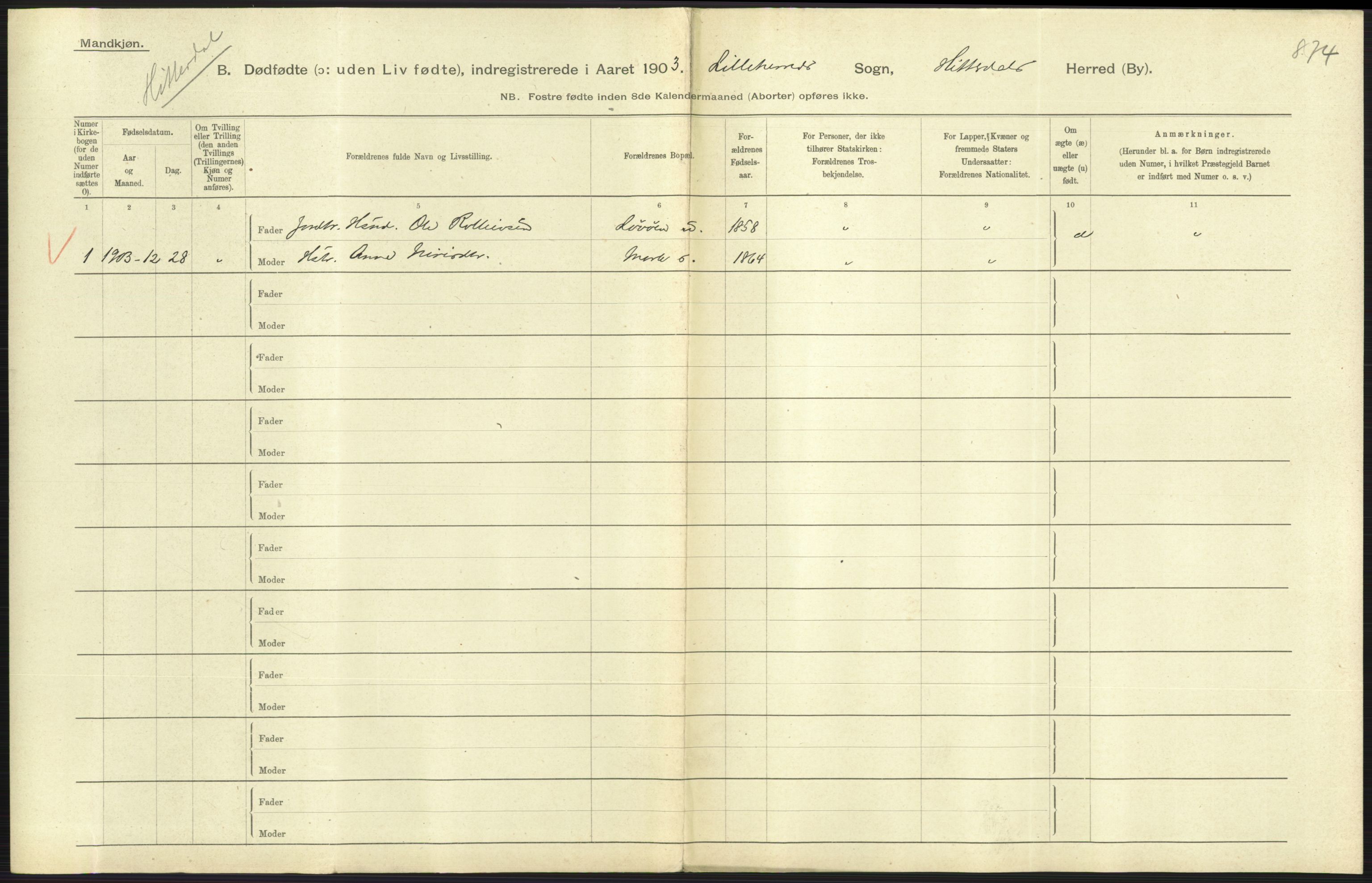 Statistisk sentralbyrå, Sosiodemografiske emner, Befolkning, RA/S-2228/D/Df/Dfa/Dfaa/L0024: Smålenenes - Stavanger amt: Dødfødte. Bygder., 1903, s. 405