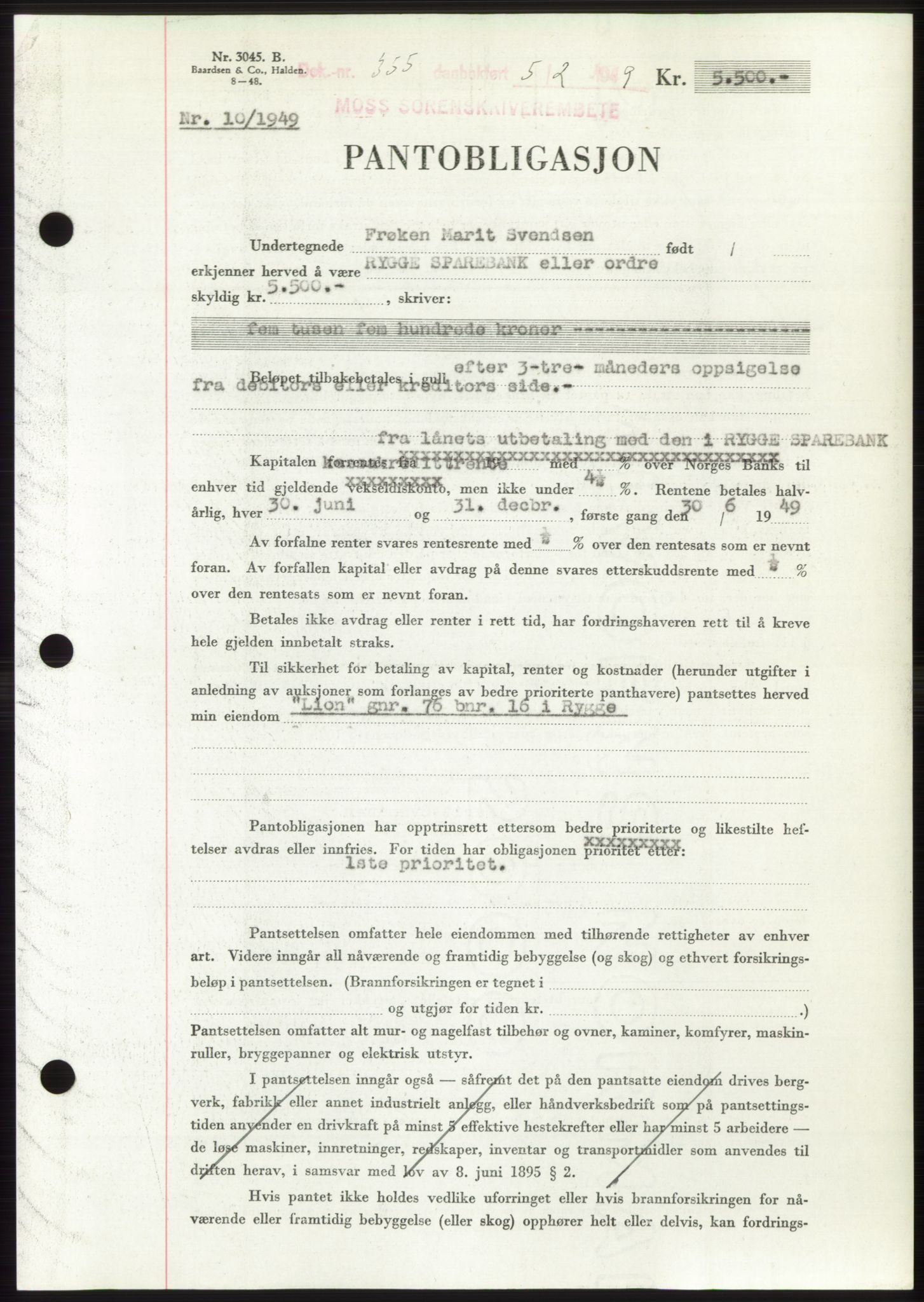 Moss sorenskriveri, SAO/A-10168: Pantebok nr. B21, 1949-1949, Dagboknr: 355/1949