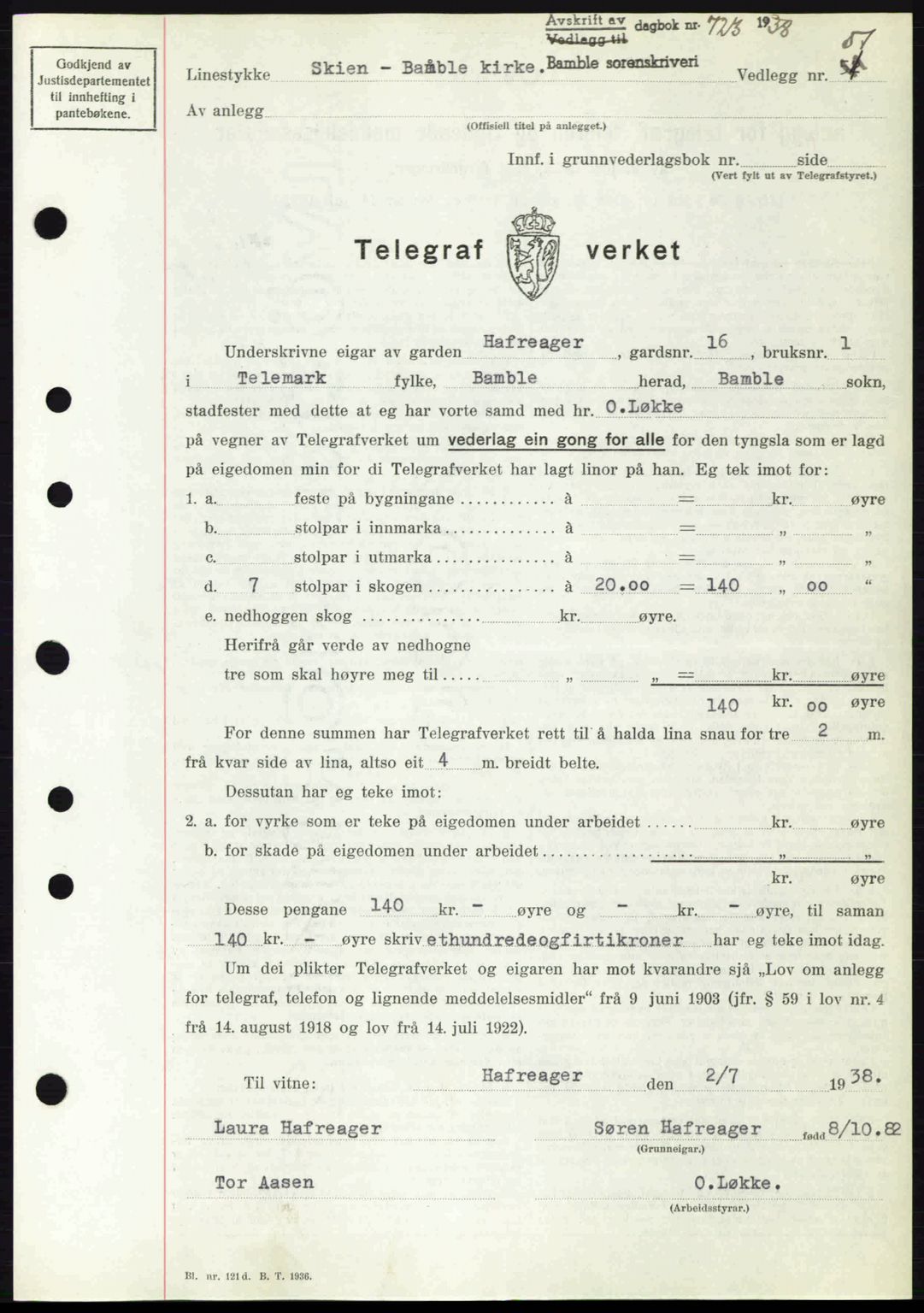 Bamble sorenskriveri, AV/SAKO-A-214/G/Ga/Gag/L0002: Pantebok nr. A-2, 1937-1938, Dagboknr: 723/1938