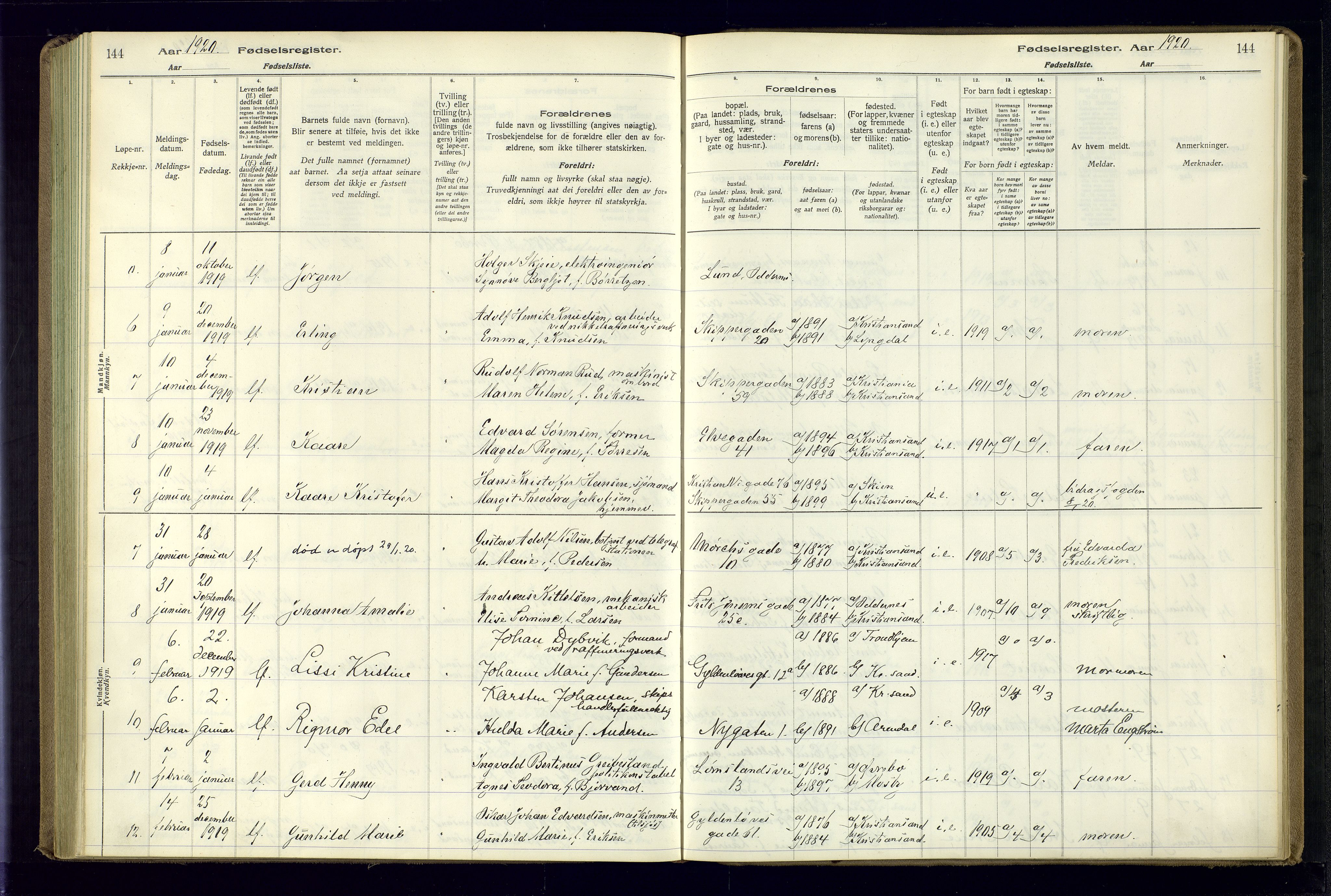 Kristiansand domprosti, AV/SAK-1112-0006/J/Jc/L0001: Fødselsregister nr. A-VI-45, 1916-1921, s. 144