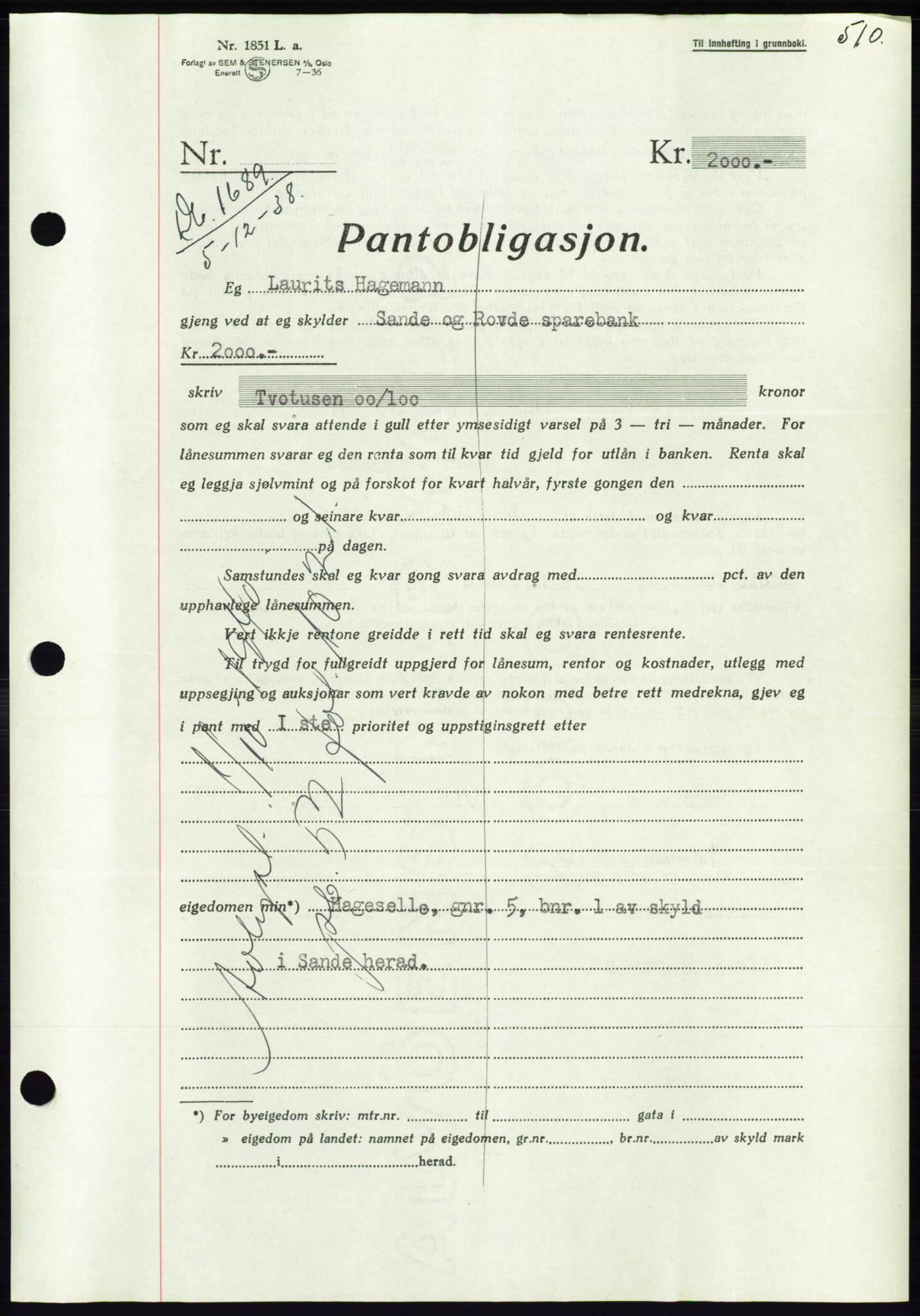 Søre Sunnmøre sorenskriveri, AV/SAT-A-4122/1/2/2C/L0066: Pantebok nr. 60, 1938-1938, Dagboknr: 1689/1938