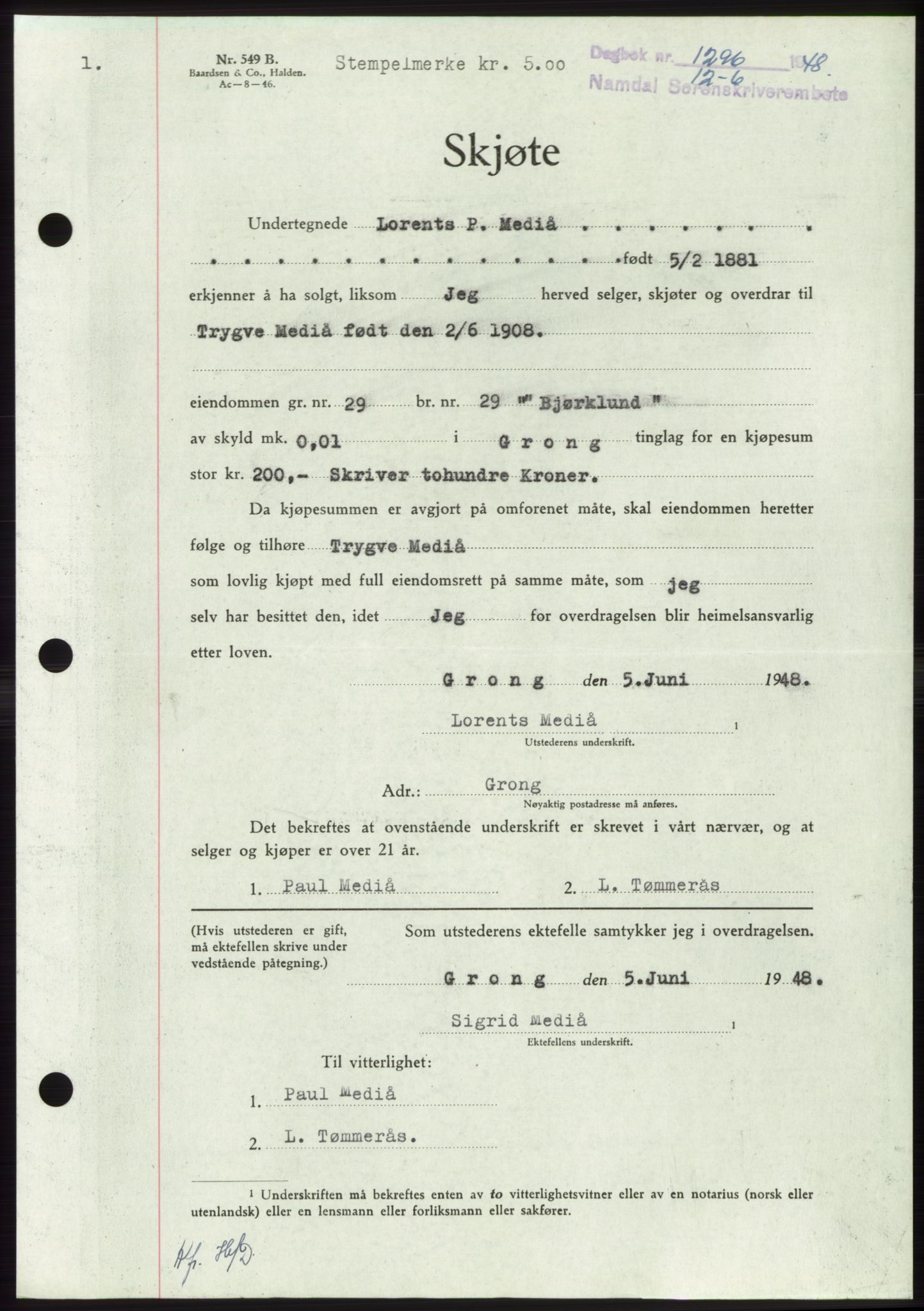 Namdal sorenskriveri, SAT/A-4133/1/2/2C: Pantebok nr. -, 1948-1948, Dagboknr: 1296/1948