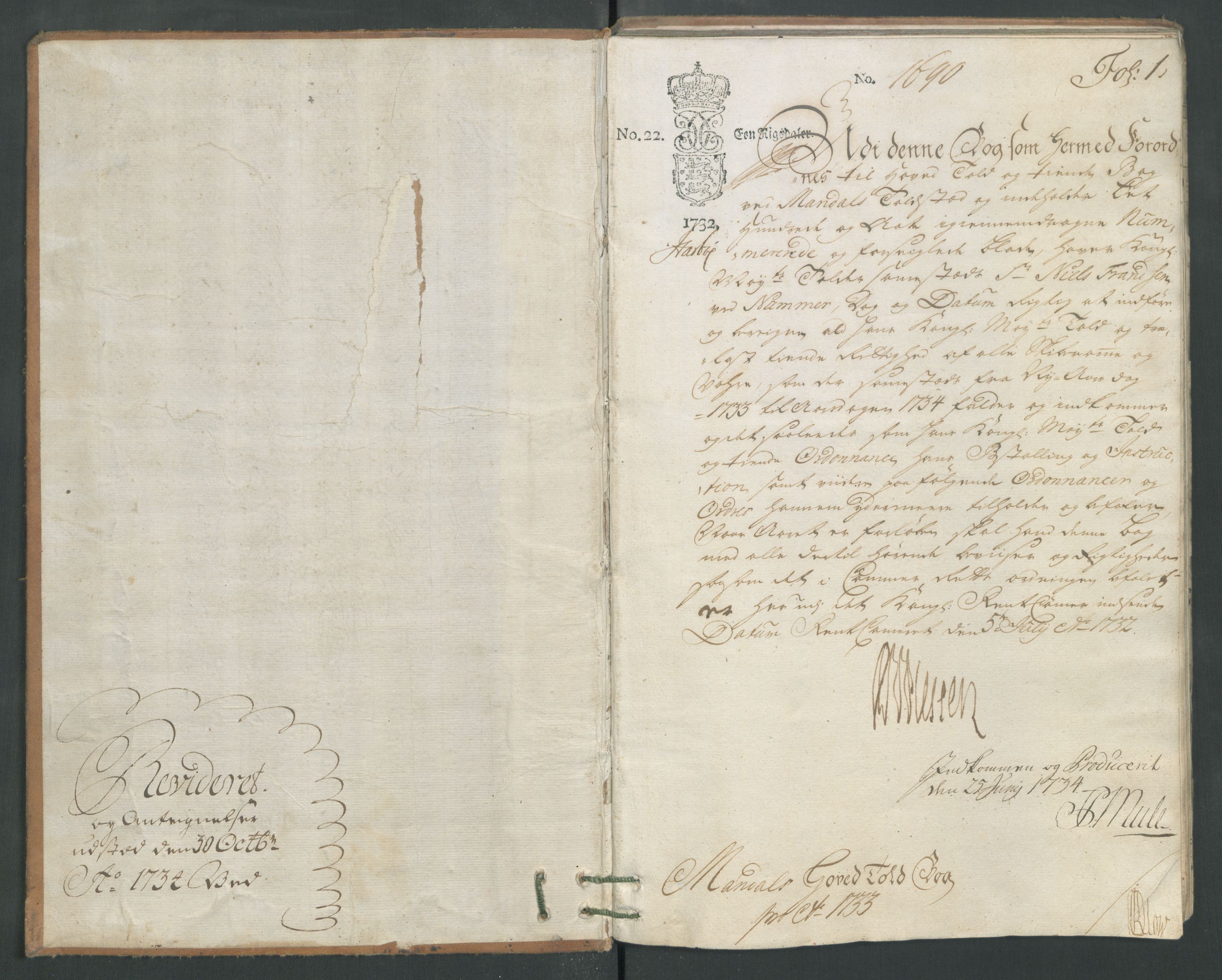 Generaltollkammeret, tollregnskaper, AV/RA-EA-5490/R17/L0008/0001: Tollregnskaper Mandal / Hovedtollbok, 1733, s. 1a