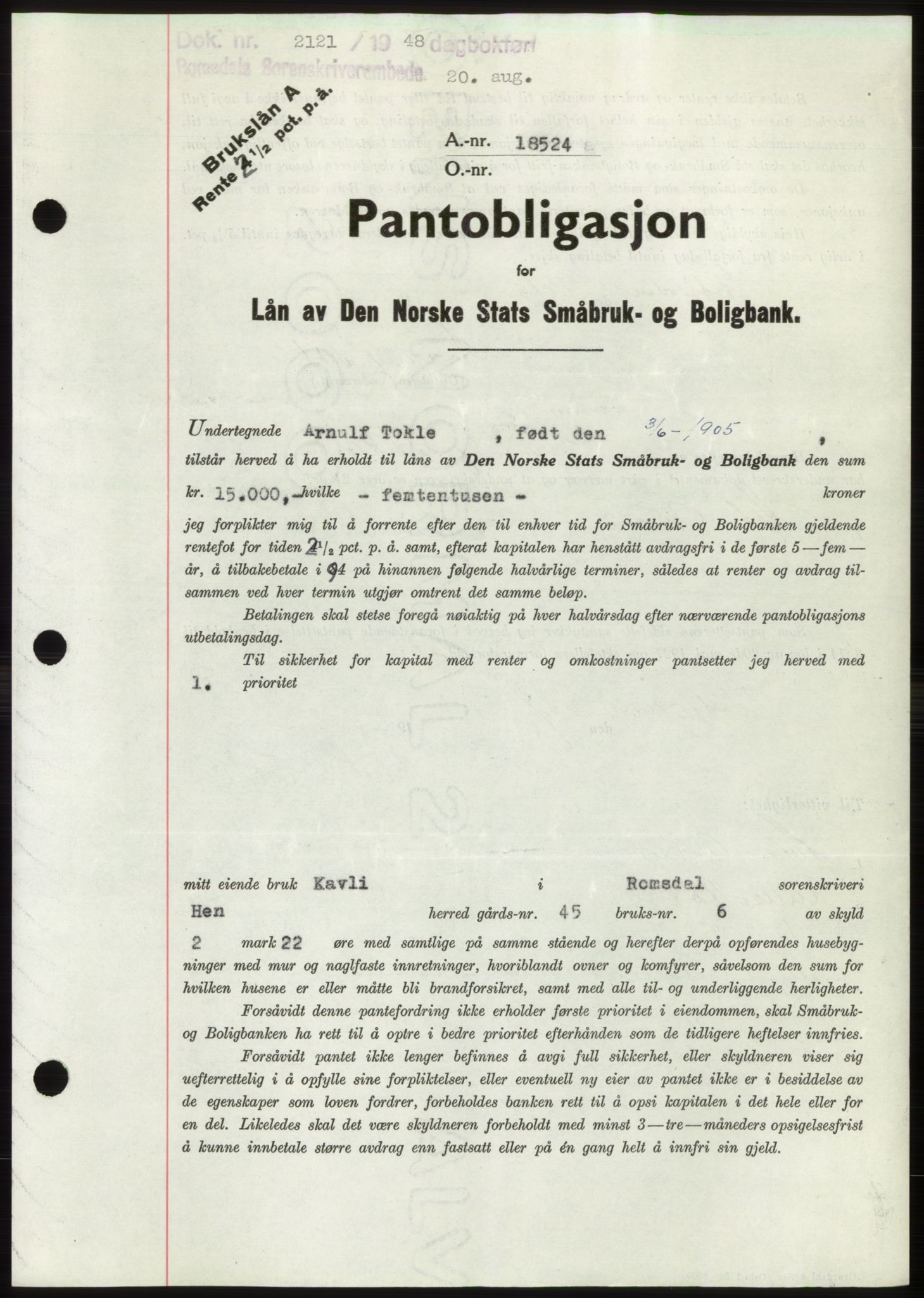 Romsdal sorenskriveri, SAT/A-4149/1/2/2C: Pantebok nr. B4, 1948-1949, Dagboknr: 2121/1948