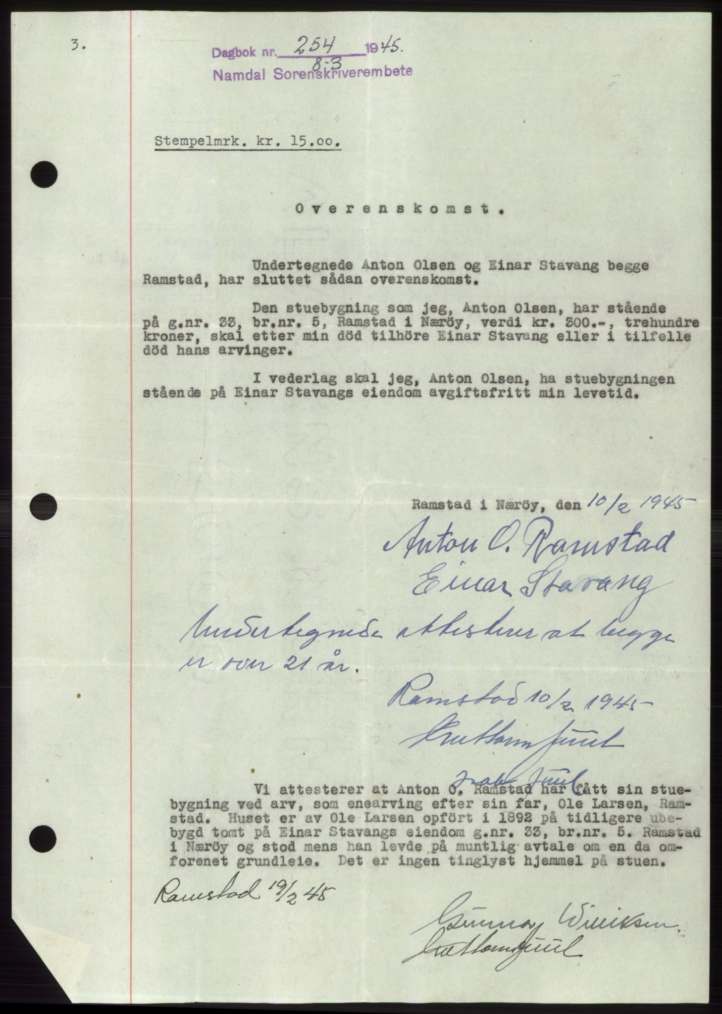 Namdal sorenskriveri, SAT/A-4133/1/2/2C: Pantebok nr. -, 1944-1945, Dagboknr: 254/1945