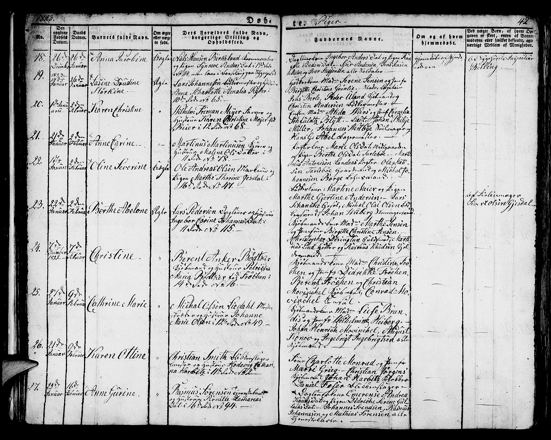 Domkirken sokneprestembete, AV/SAB-A-74801/H/Hab/L0005: Klokkerbok nr. A 5, 1821-1830, s. 42