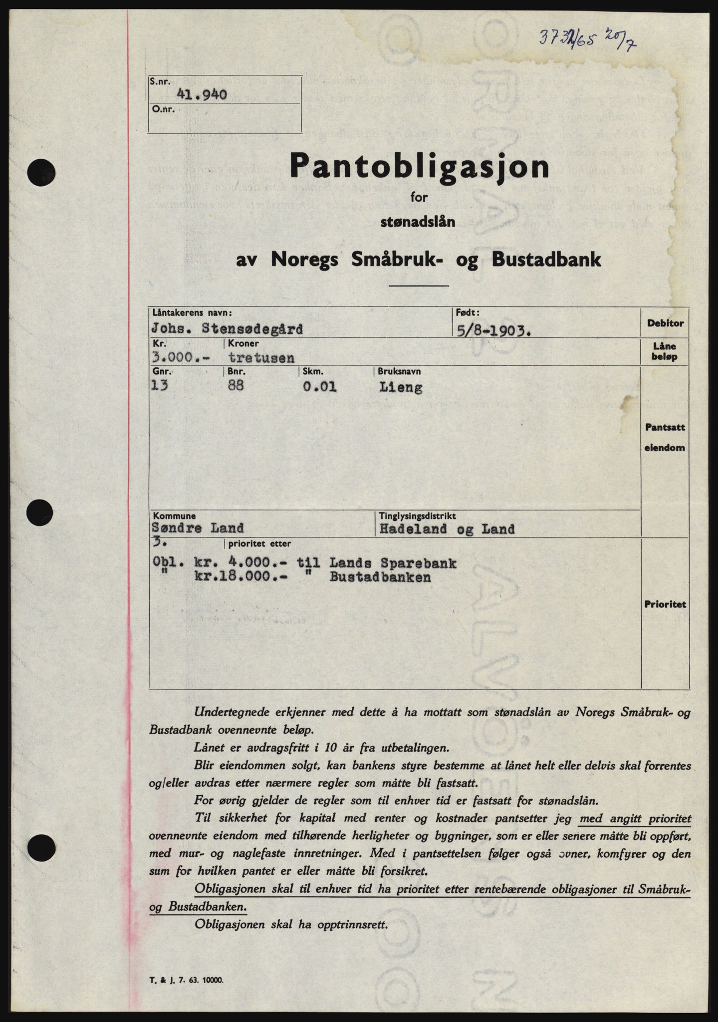 Hadeland og Land tingrett, SAH/TING-010/H/Hb/Hbc/L0059: Pantebok nr. B59, 1965-1965, Dagboknr: 3732/1965