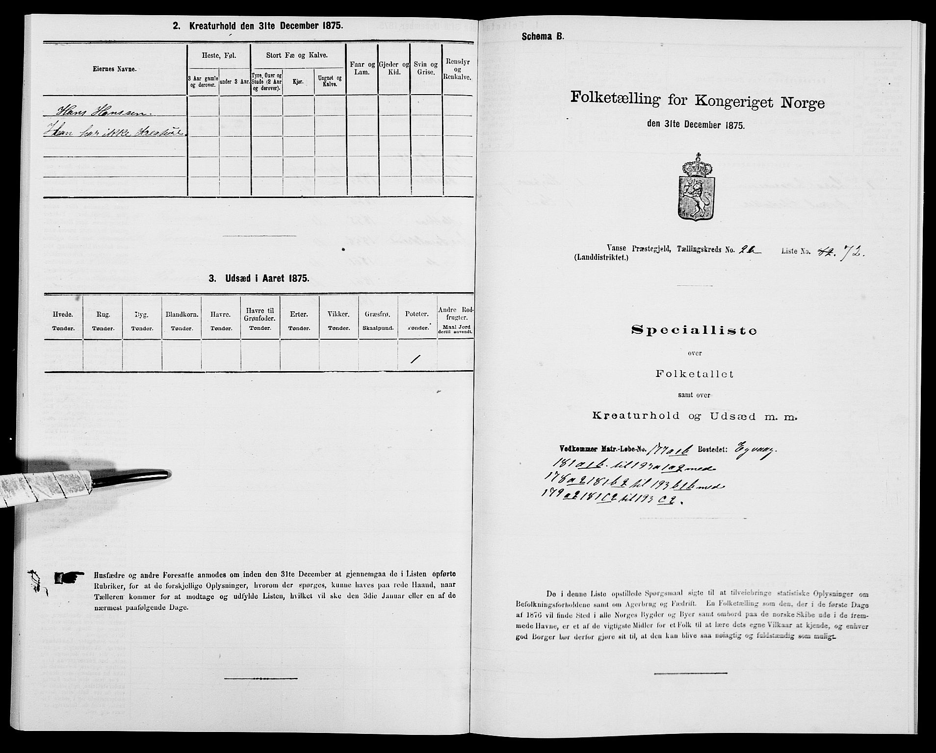 SAK, Folketelling 1875 for 1041L Vanse prestegjeld, Vanse sokn og Farsund landsokn, 1875, s. 444