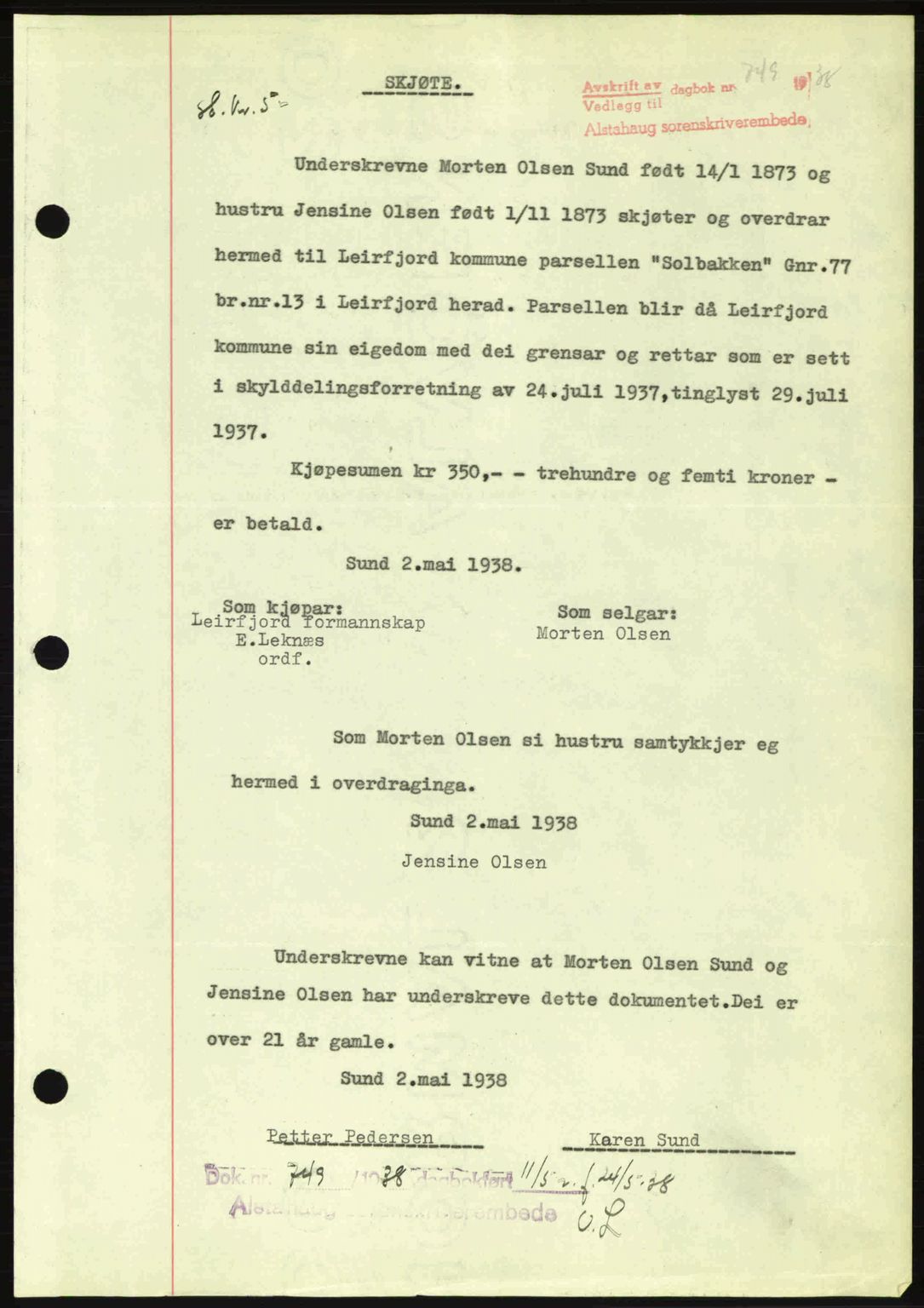 Alstahaug sorenskriveri, SAT/A-1009: Pantebok nr. A3, 1937-1938, Dagboknr: 749/1938