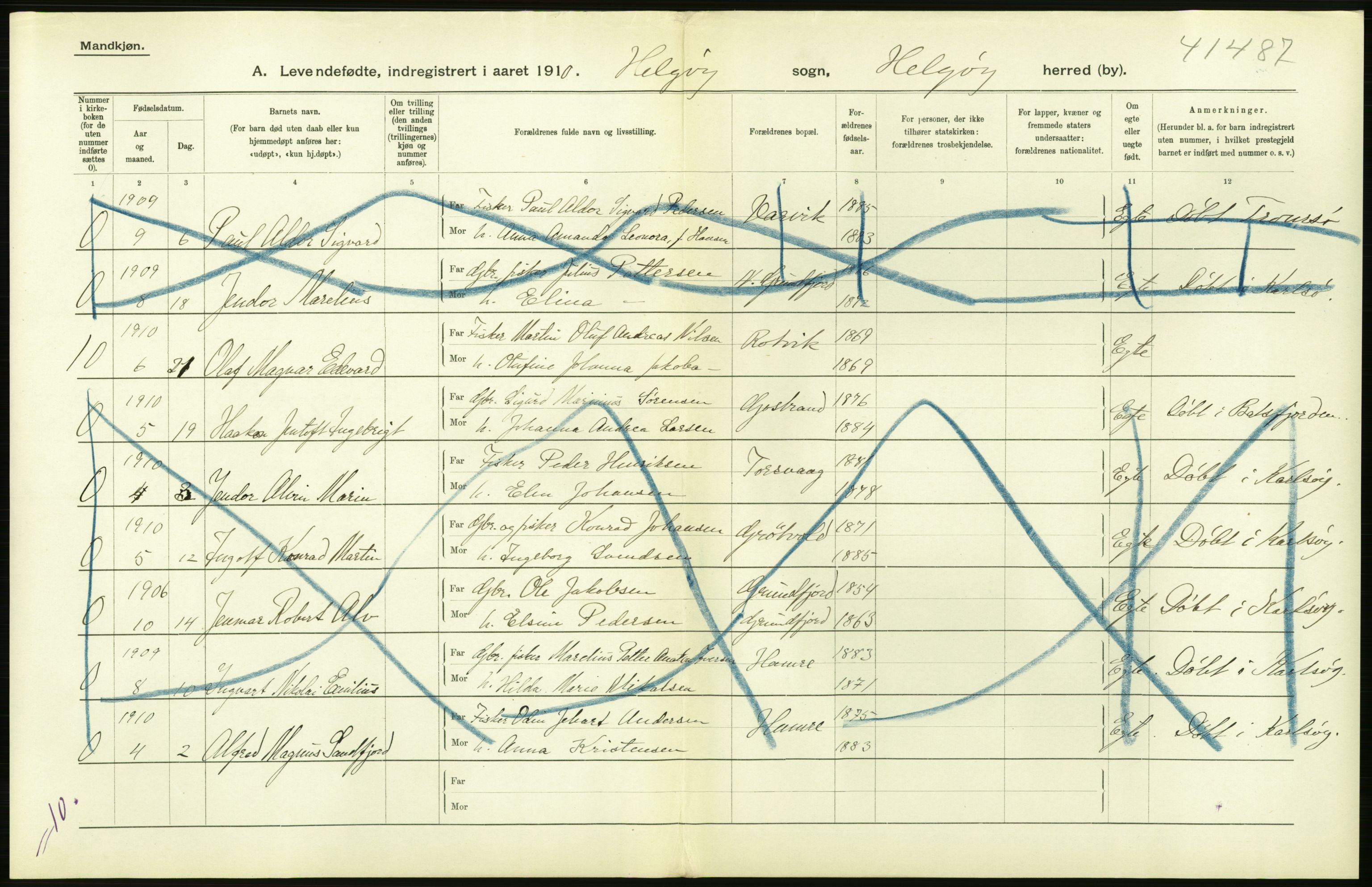 Statistisk sentralbyrå, Sosiodemografiske emner, Befolkning, AV/RA-S-2228/D/Df/Dfa/Dfah/L0043: Tromsø amt: Levendefødte menn og kvinner. Bygder og byer., 1910, s. 26