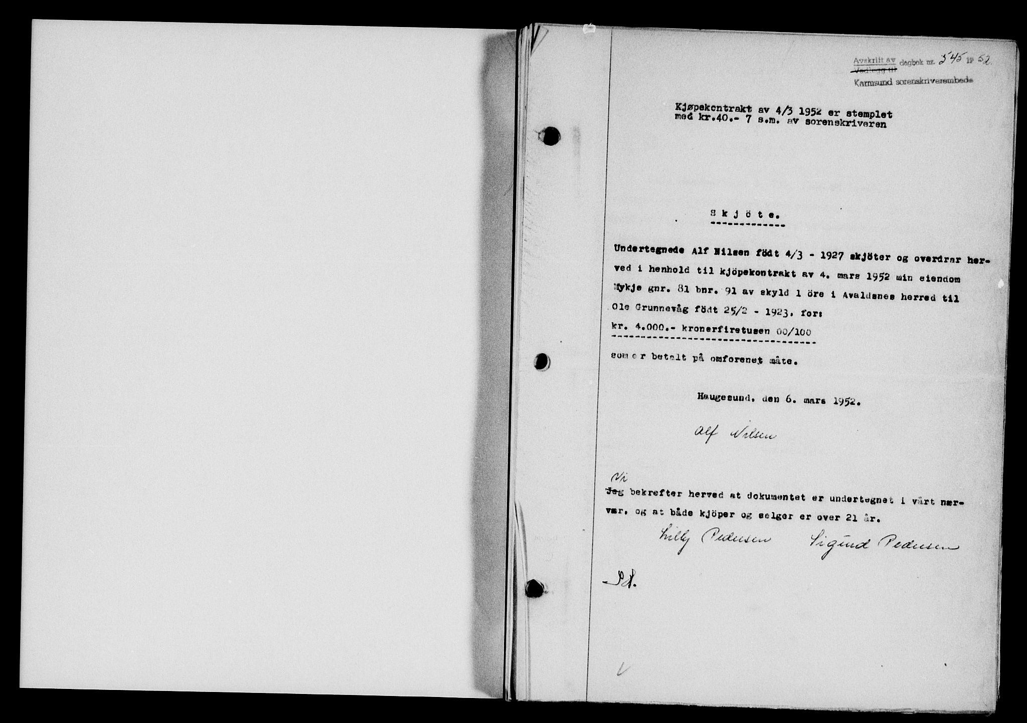 Karmsund sorenskriveri, SAST/A-100311/01/II/IIB/L0105: Pantebok nr. 85A, 1952-1952, Dagboknr: 545/1952