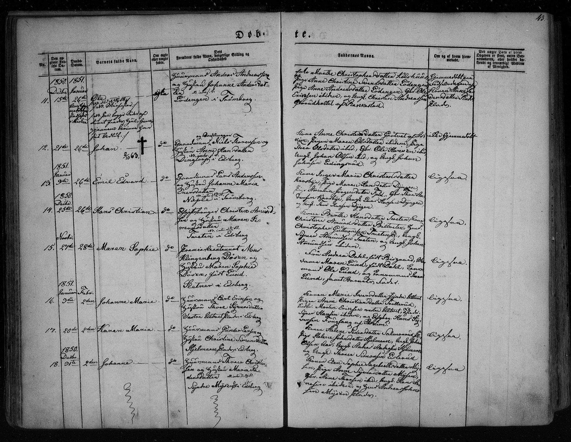 Eidsberg prestekontor Kirkebøker, SAO/A-10905/F/Fa/L0009: Ministerialbok nr. I 9, 1849-1856, s. 43