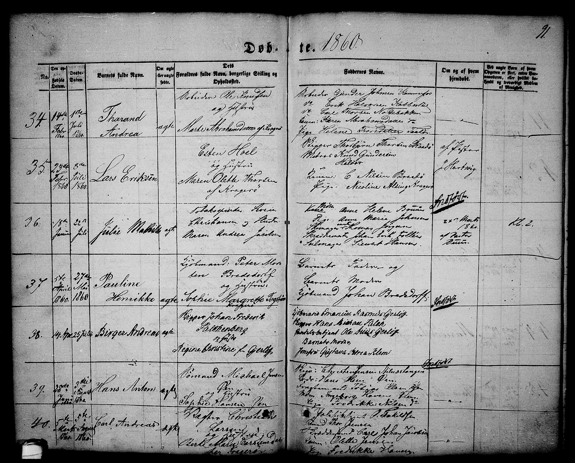 Kragerø kirkebøker, AV/SAKO-A-278/G/Ga/L0004: Klokkerbok nr. 4, 1853-1865, s. 91