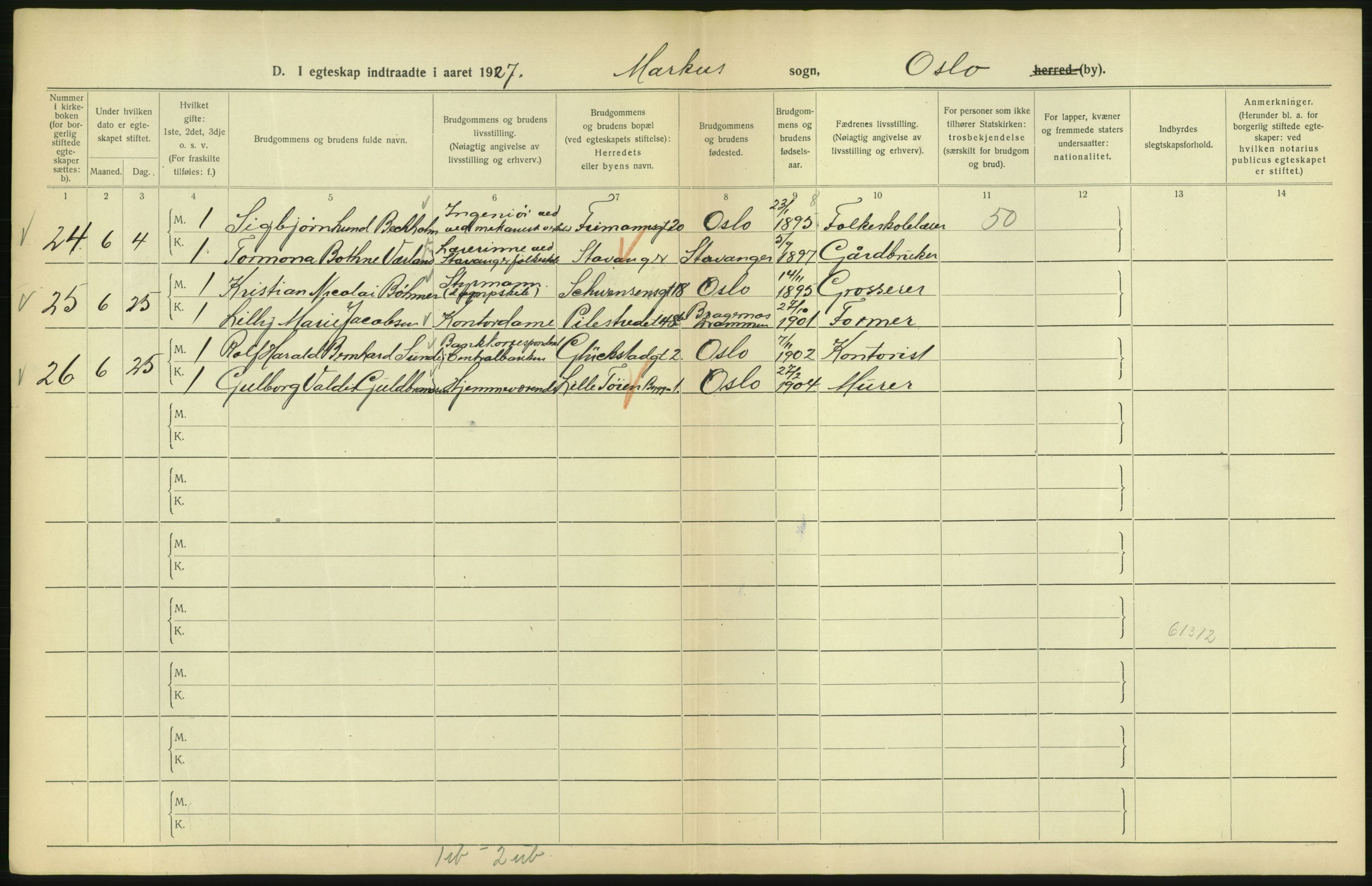 Statistisk sentralbyrå, Sosiodemografiske emner, Befolkning, AV/RA-S-2228/D/Df/Dfc/Dfcg/L0008: Oslo: Gifte, 1927, s. 324