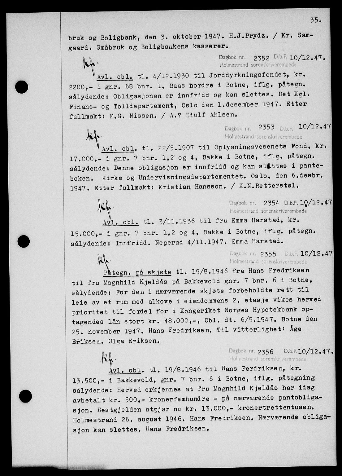 Holmestrand sorenskriveri, SAKO/A-67/G/Ga/Gab/L0058: Pantebok nr. B-58, 1947-1948, s. 35, Dagboknr: 2352/1947