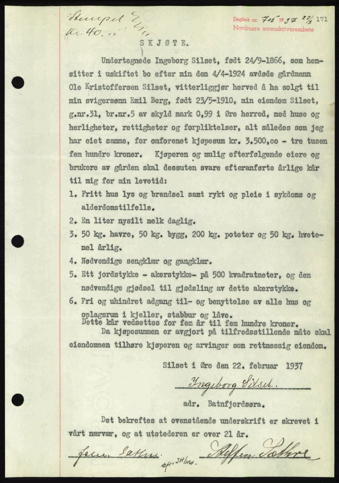 Nordmøre sorenskriveri, SAT/A-4132/1/2/2Ca: Pantebok nr. A81, 1937-1937, Dagboknr: 705/1937