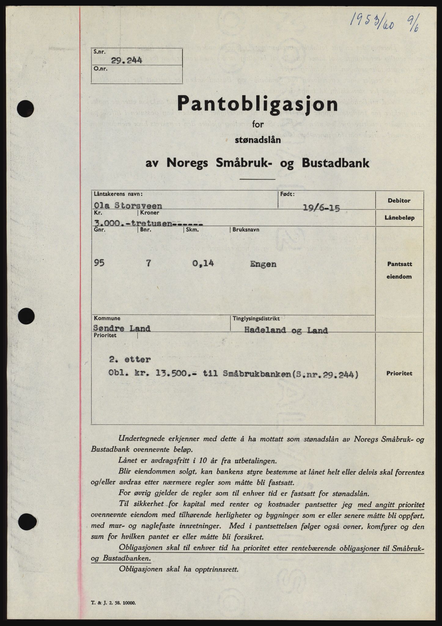 Hadeland og Land tingrett, SAH/TING-010/H/Hb/Hbc/L0043: Pantebok nr. B43, 1960-1960, Dagboknr: 1953/1960