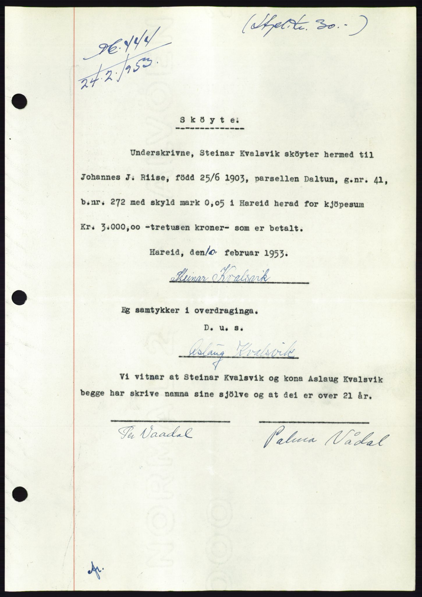 Søre Sunnmøre sorenskriveri, SAT/A-4122/1/2/2C/L0094: Pantebok nr. 20A, 1953-1953, Dagboknr: 444/1953